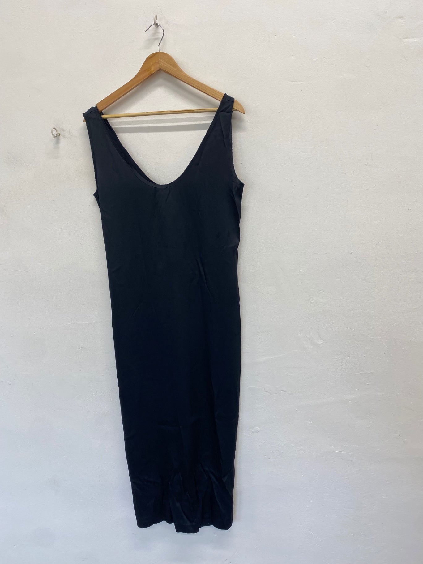 Stunning Zara Midi Dress UK 12 Black satin distressed hem AM564