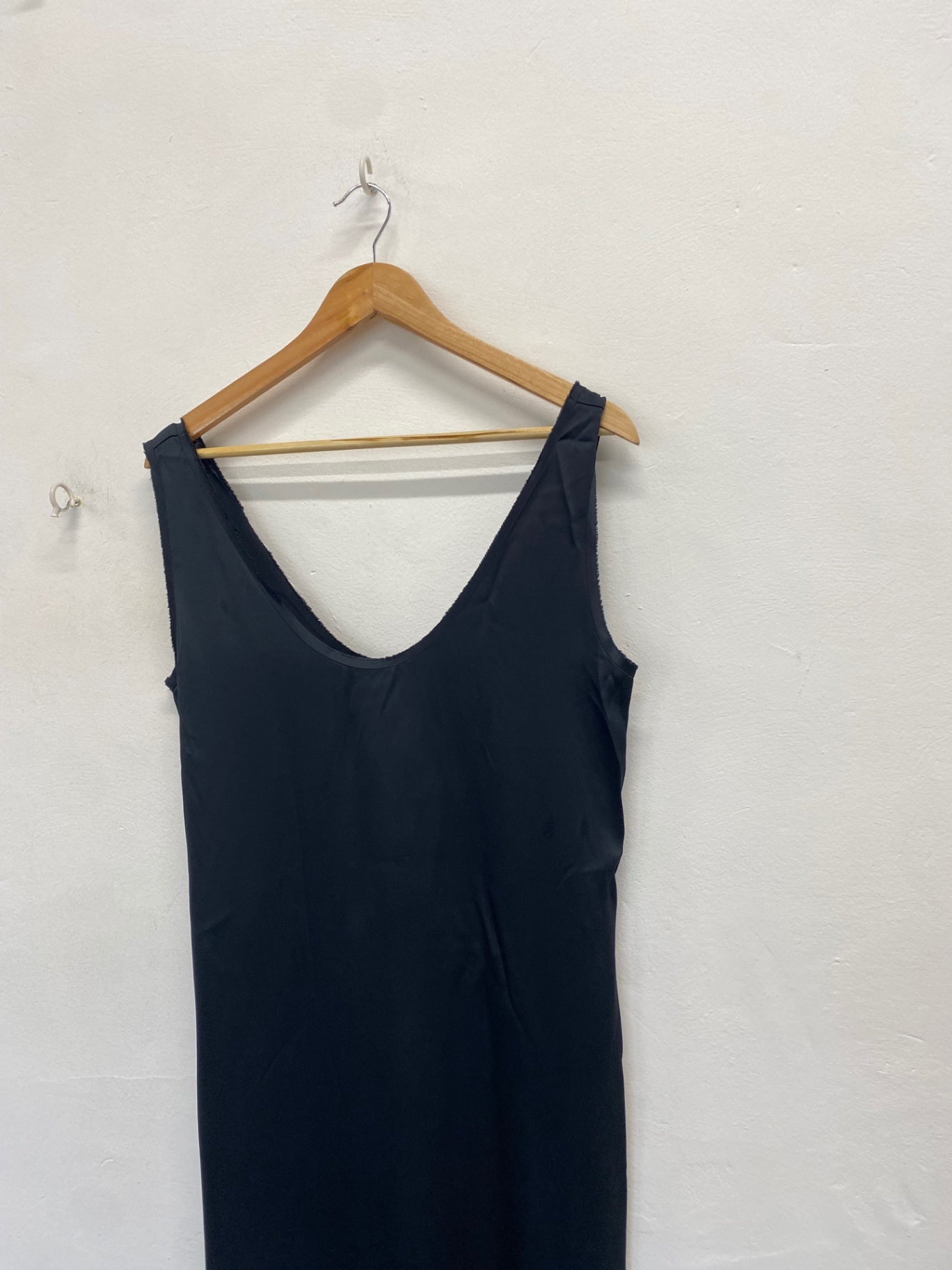 Stunning Zara Midi Dress UK 12 Black satin distressed hem AM564