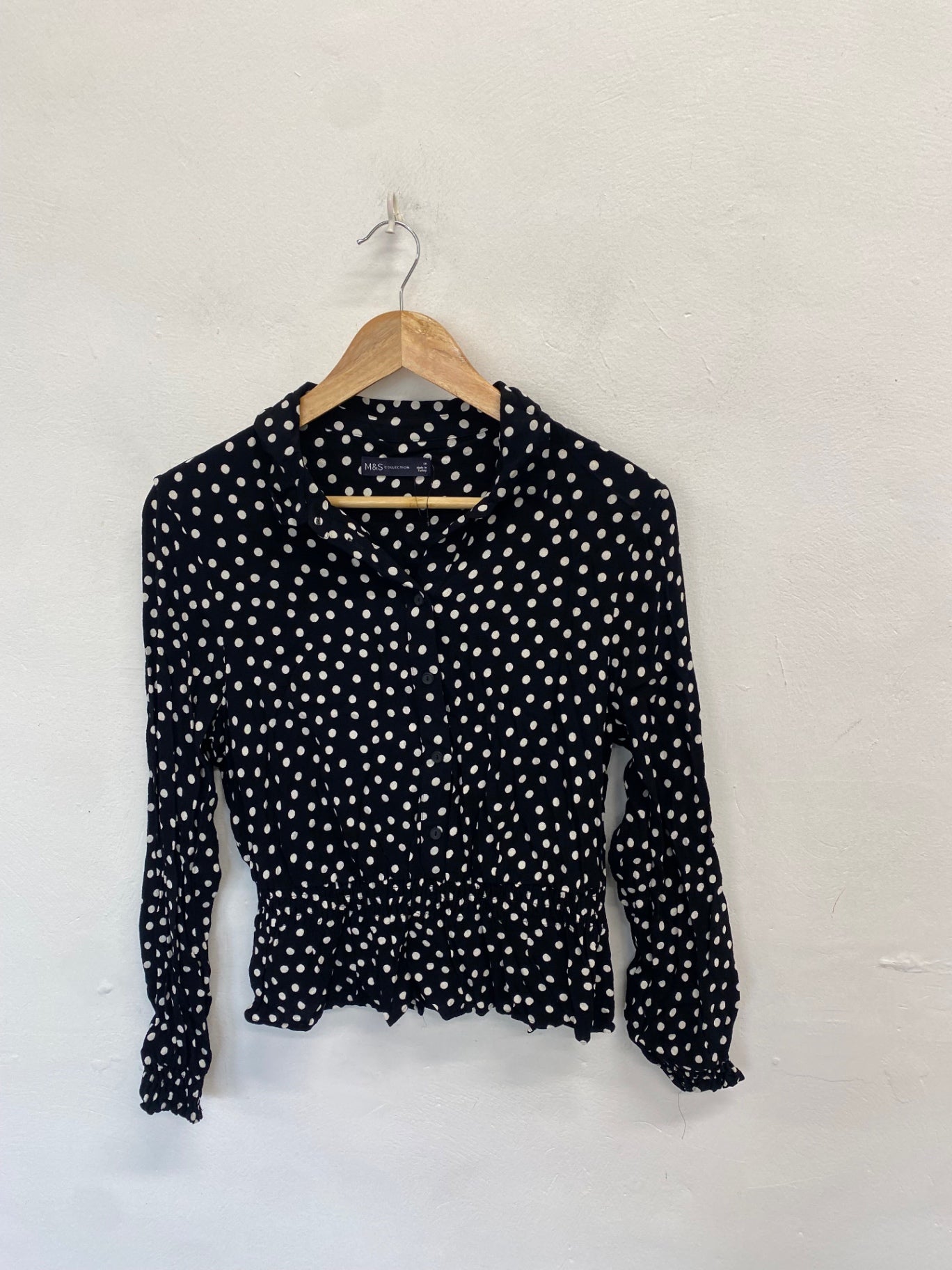 Stunning Marks & Spencers Blouse UK 14 Black with white polka dots AM564