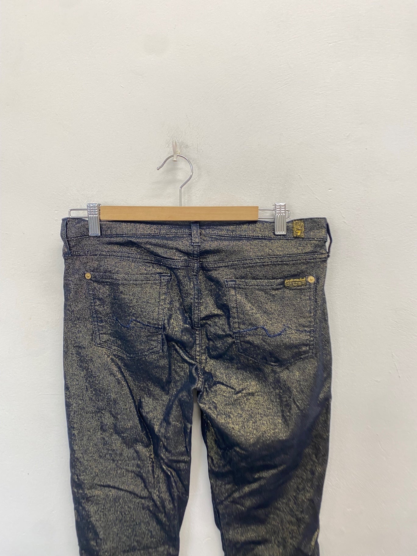 Stunning 7 for all mankind metallic Skinny trousers W30" Navy gold CV565