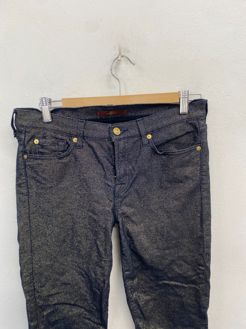 Stunning 7 for all mankind metallic Skinny trousers W30" Navy gold CV565