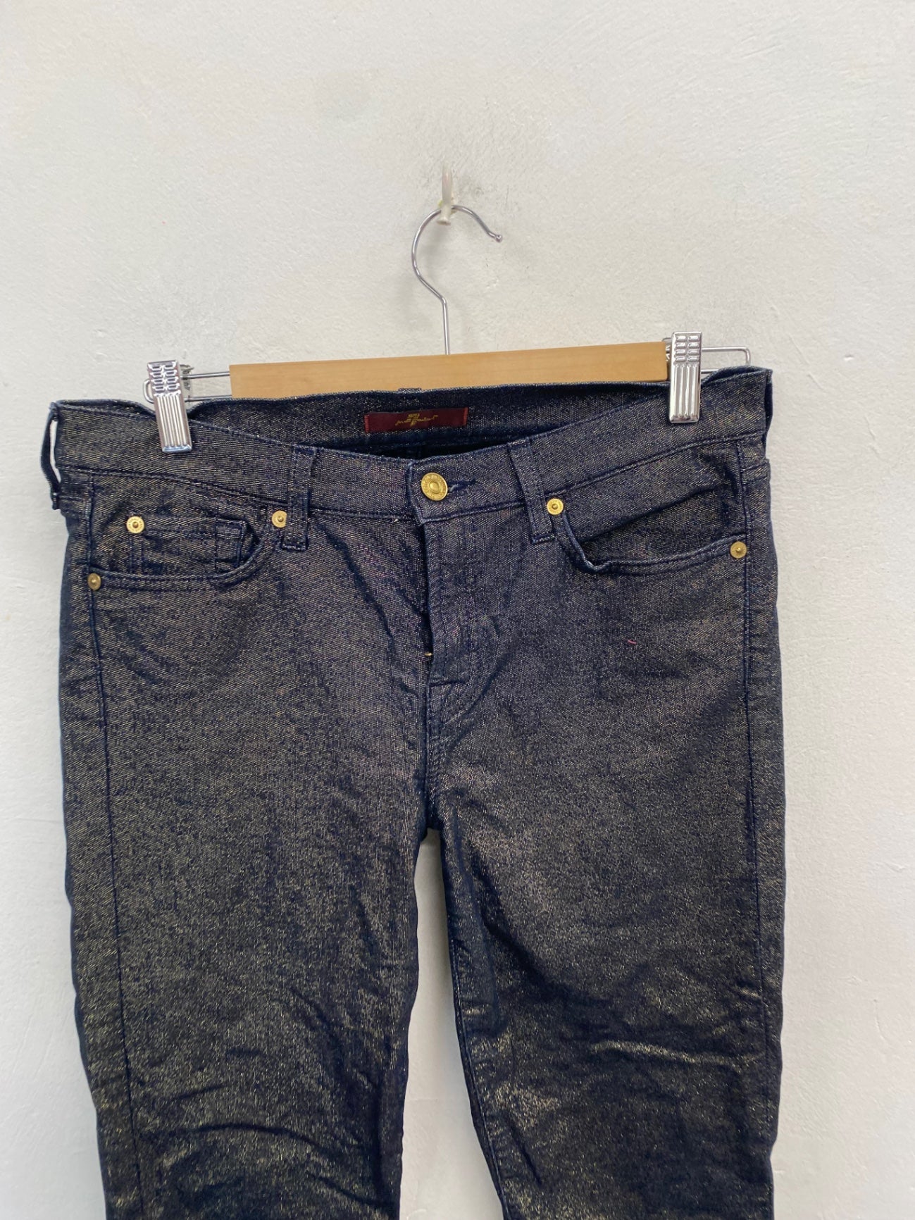 Stunning 7 for all mankind metallic Skinny trousers W30" Navy gold CV565
