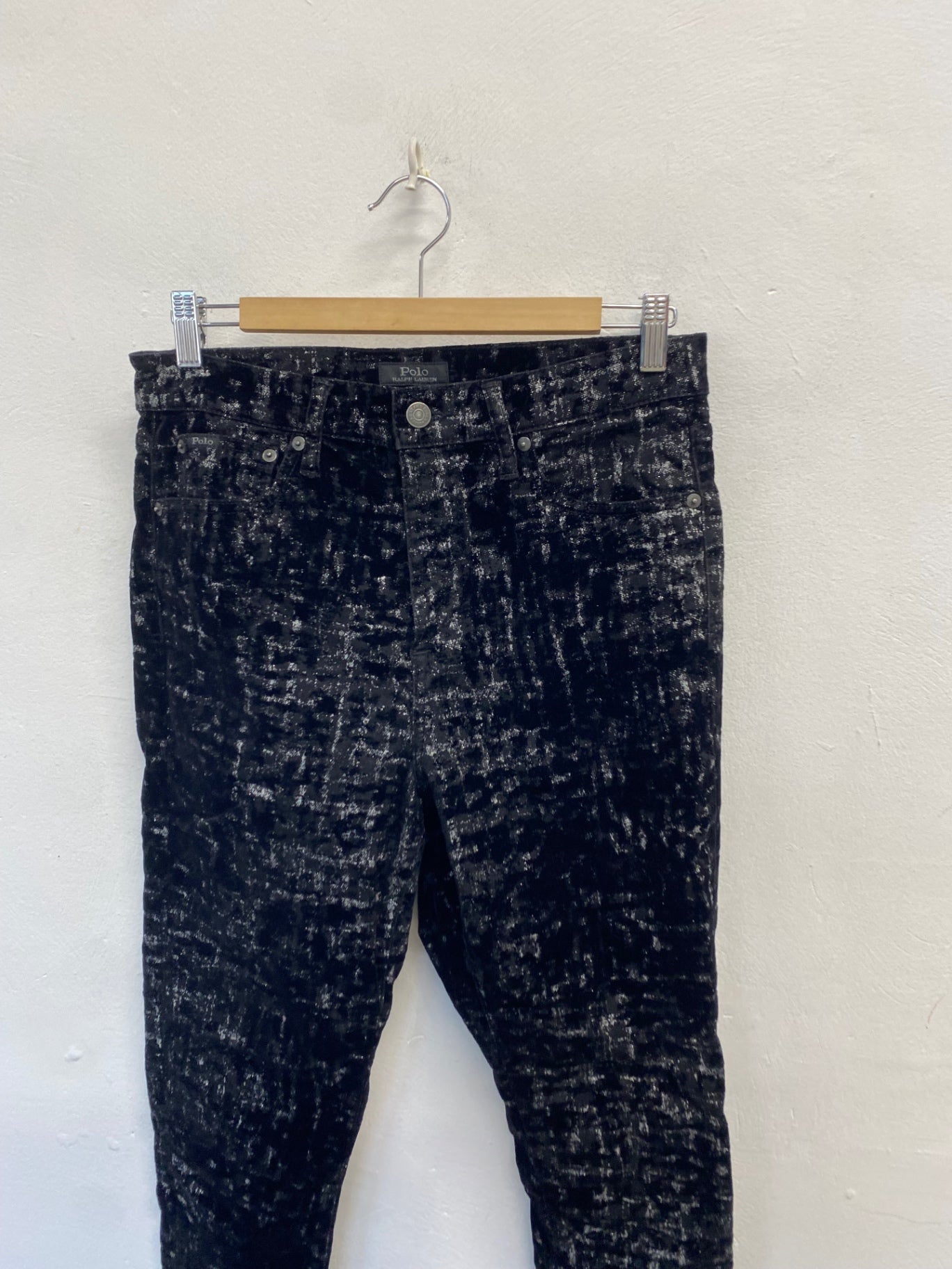 Stunning Polo Ralph Lauren Tompkins Skinny trousers W30" Black silver velour CV565
