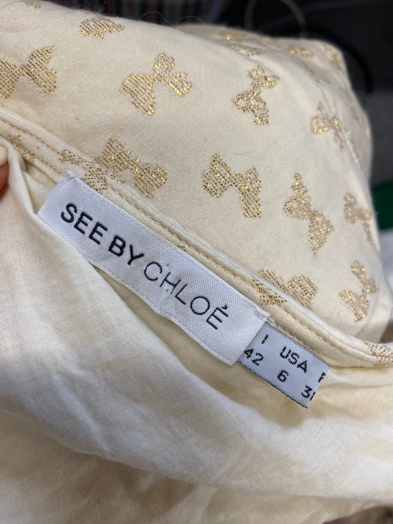 Stunning See by Chloé one shoulder Mini dress Uk 10 Beige gold bow SD553