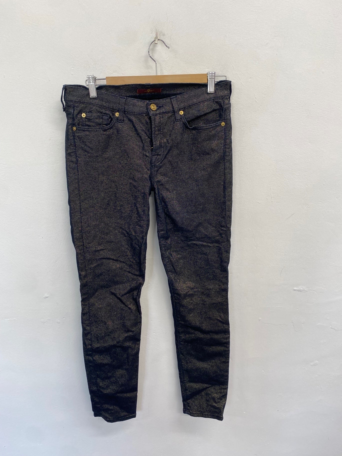 Stunning 7 for all mankind metallic Skinny trousers W30" Navy gold CV565