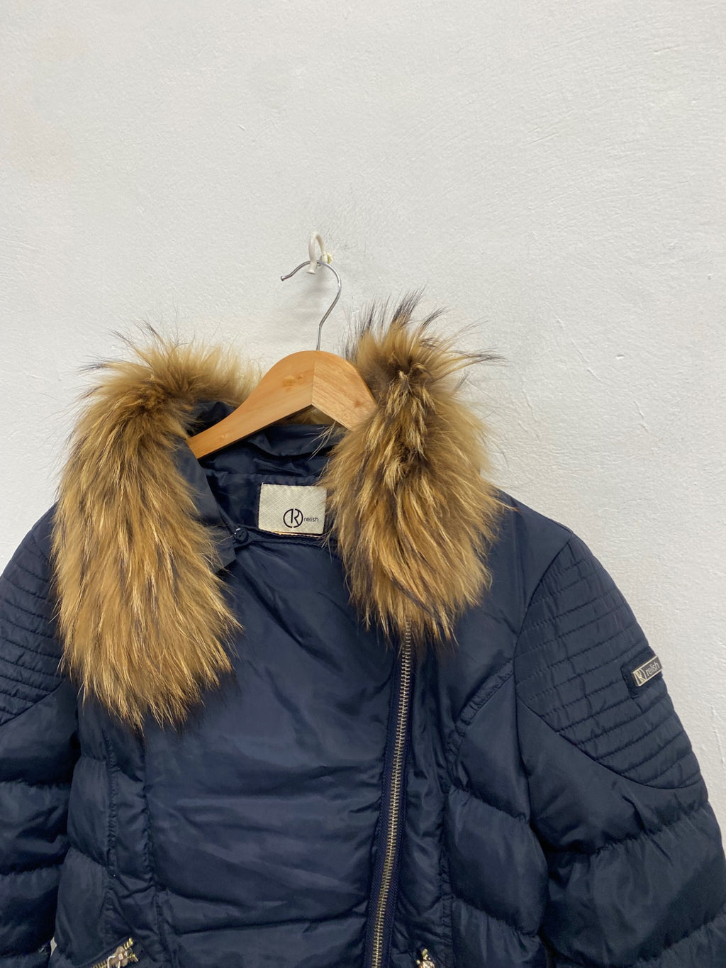 Stunning Relish Puffer Jacket down feather UK 8 Navy blue hooded CW566