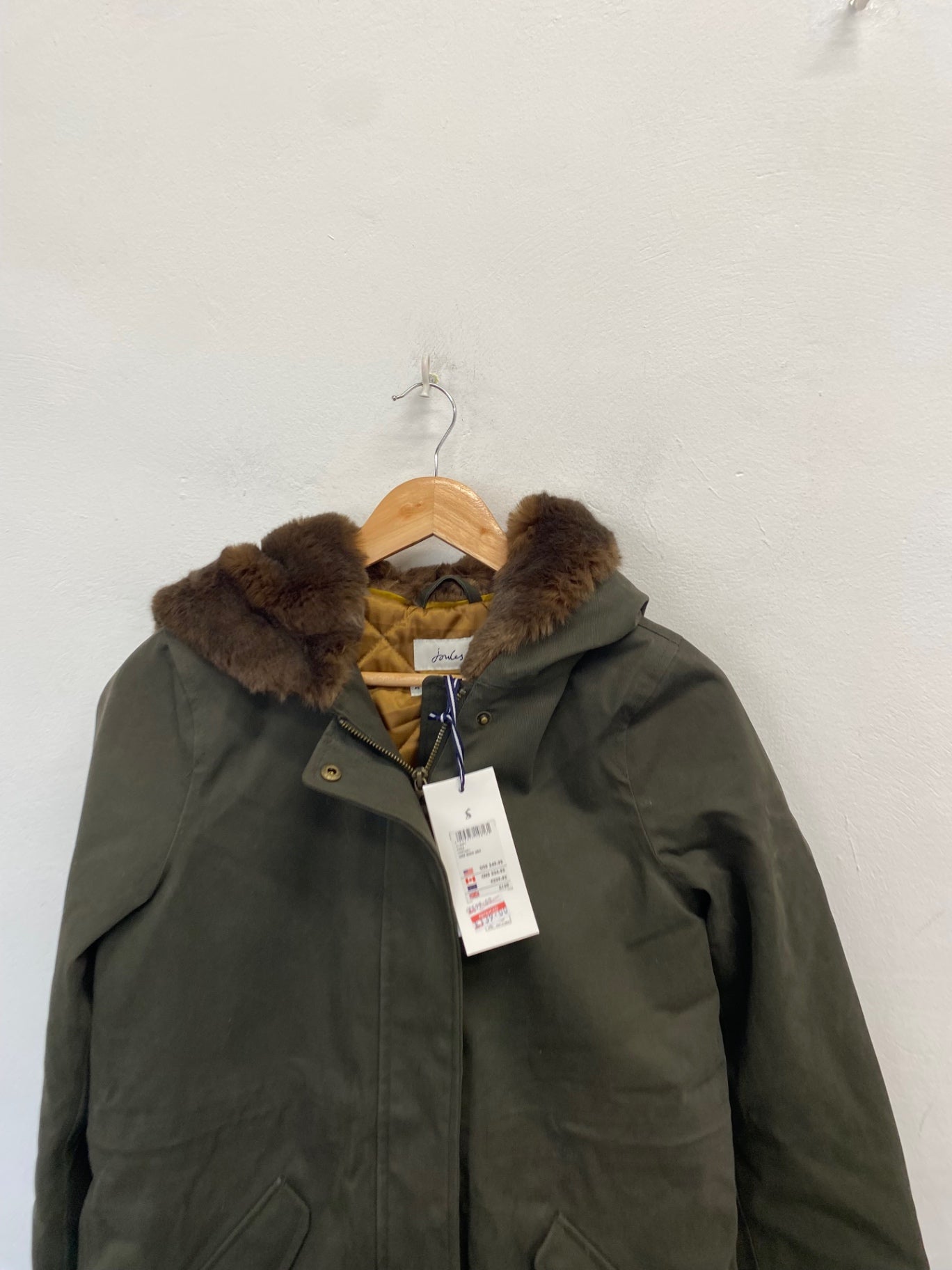 Stunning Joules piper fur hem Parka Jacket UK 8 Khaki SJ567