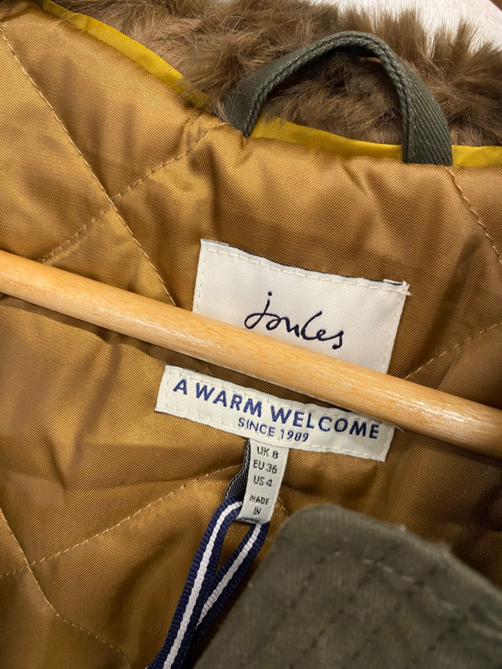 Stunning Joules piper fur hem Parka Jacket UK 8 Khaki SJ567
