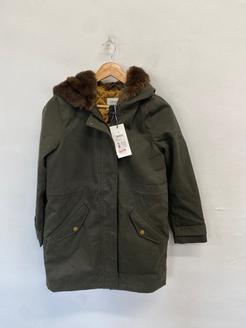 Stunning Joules piper fur hem Parka Jacket UK 8 Khaki SJ567