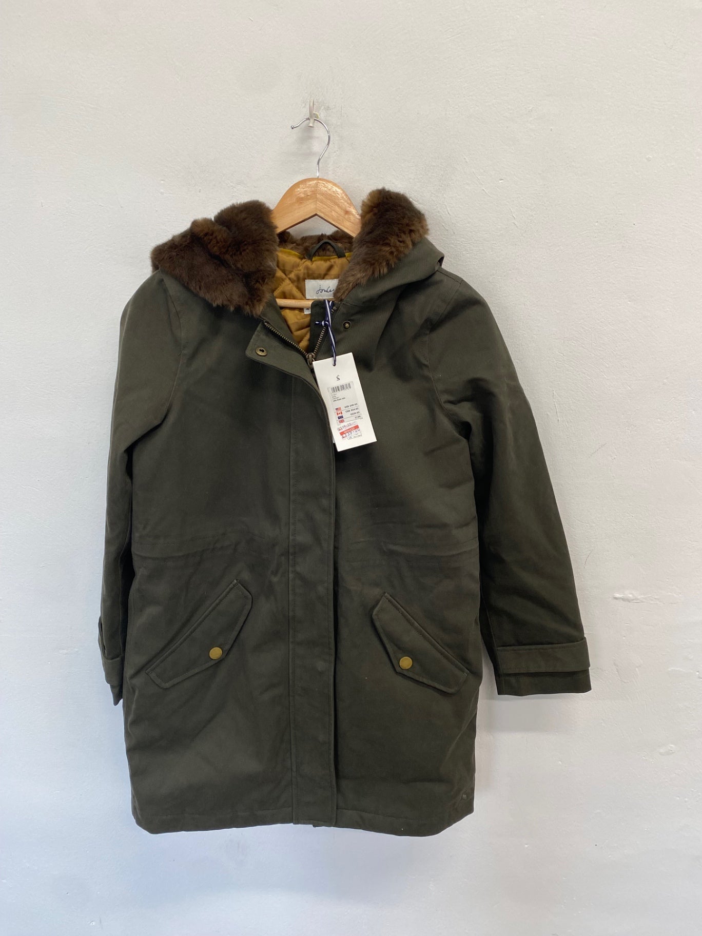 Stunning Joules piper fur hem Parka Jacket UK 8 Khaki SJ567
