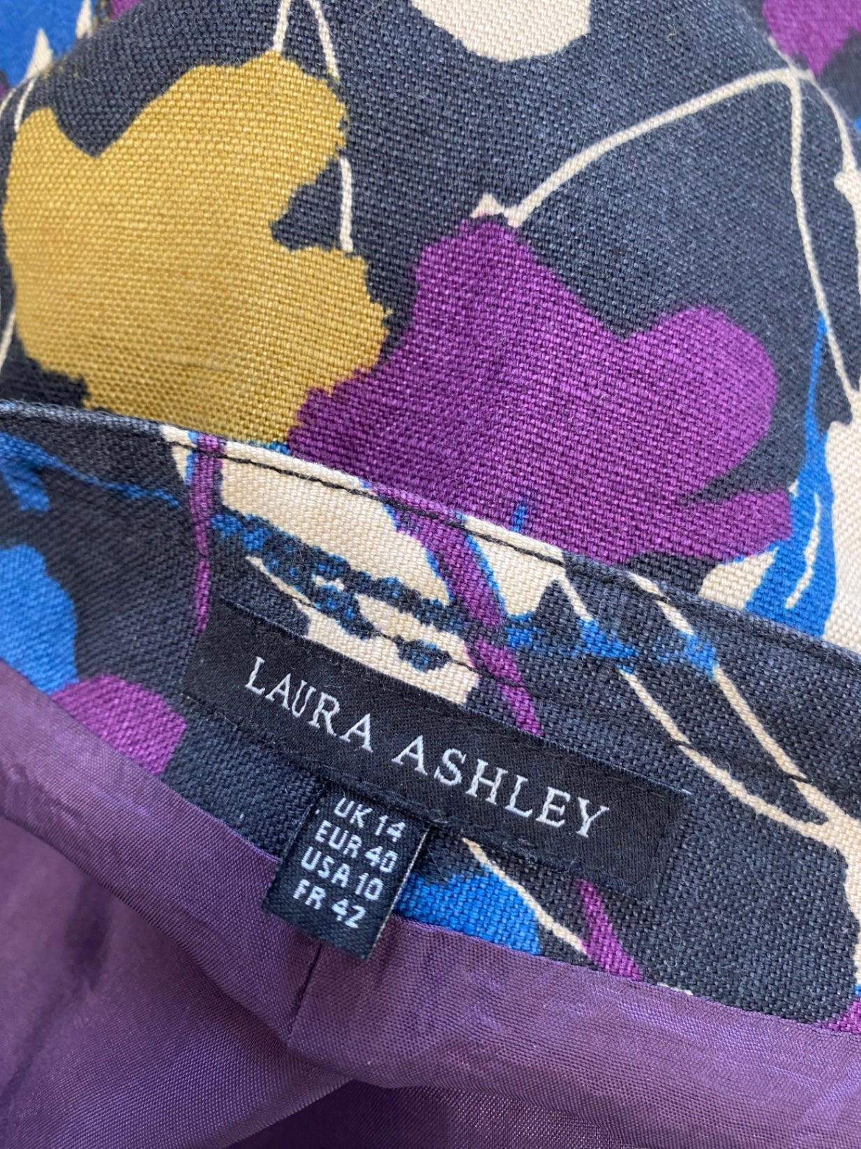 Stunning Laura Ashley Skirt linen UK 14 Navy purple floral MH569