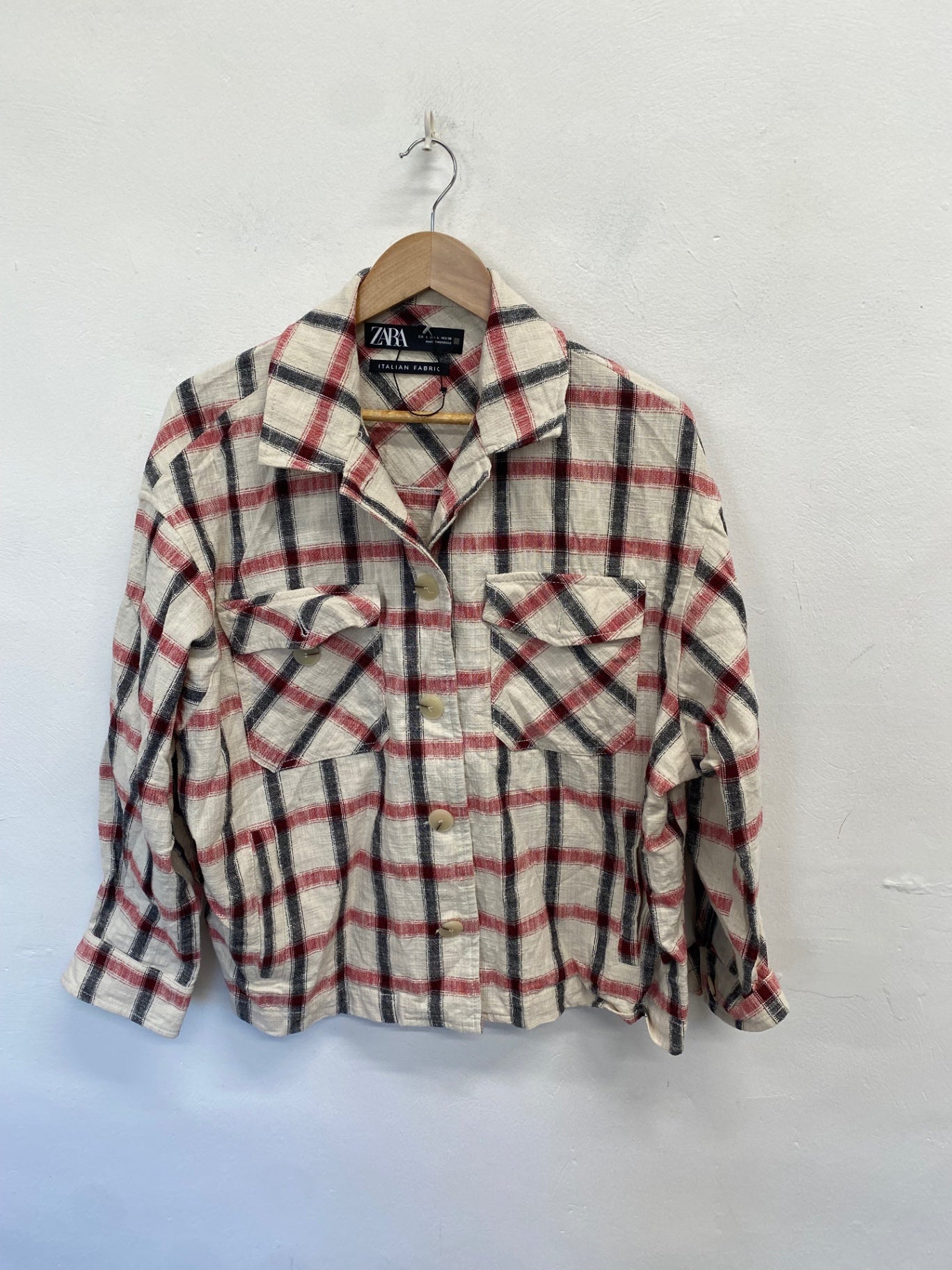 Fabulous Zara cotton Shirt UK 12 Beige red checked CM571