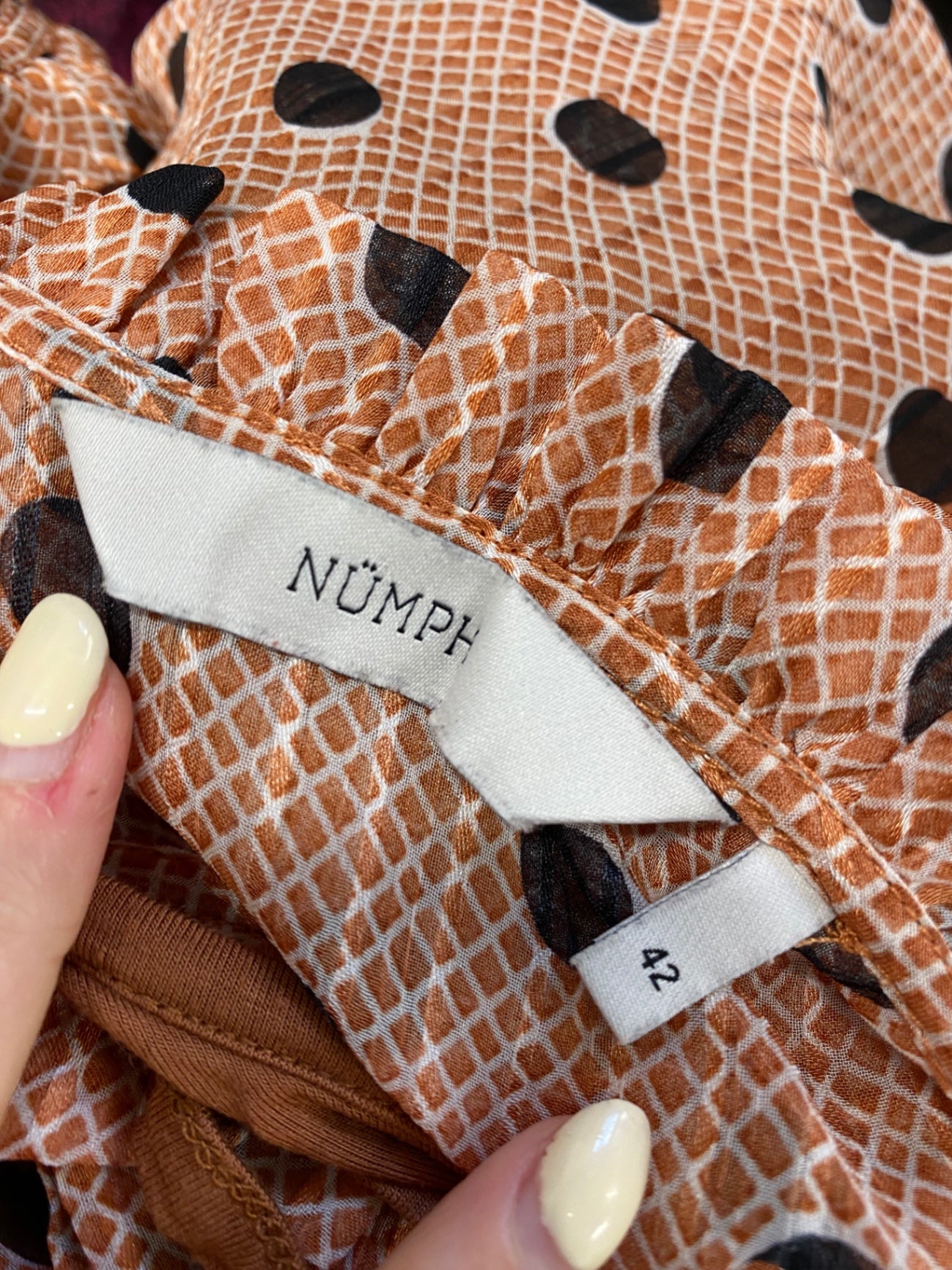 Fabulous NÜMPH Midi Dress UK 14 Brown polka CM571