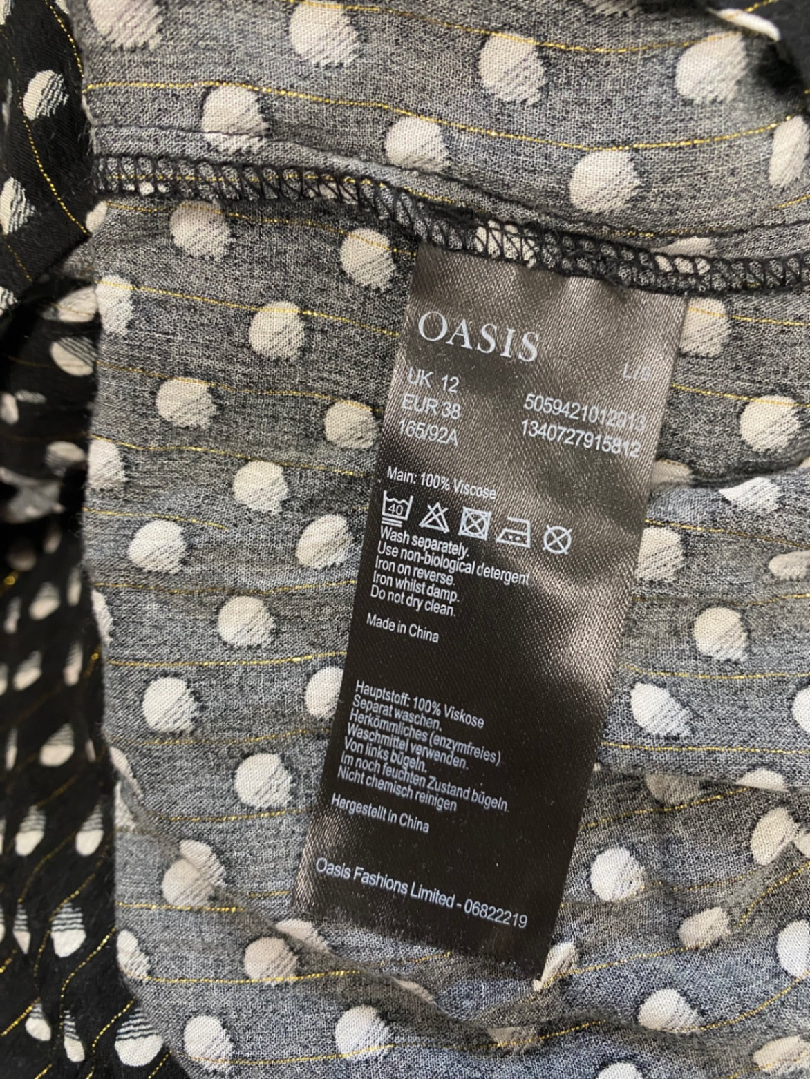 Fabulous Oasis Blouse UK 12 Black polka metallic new CM571