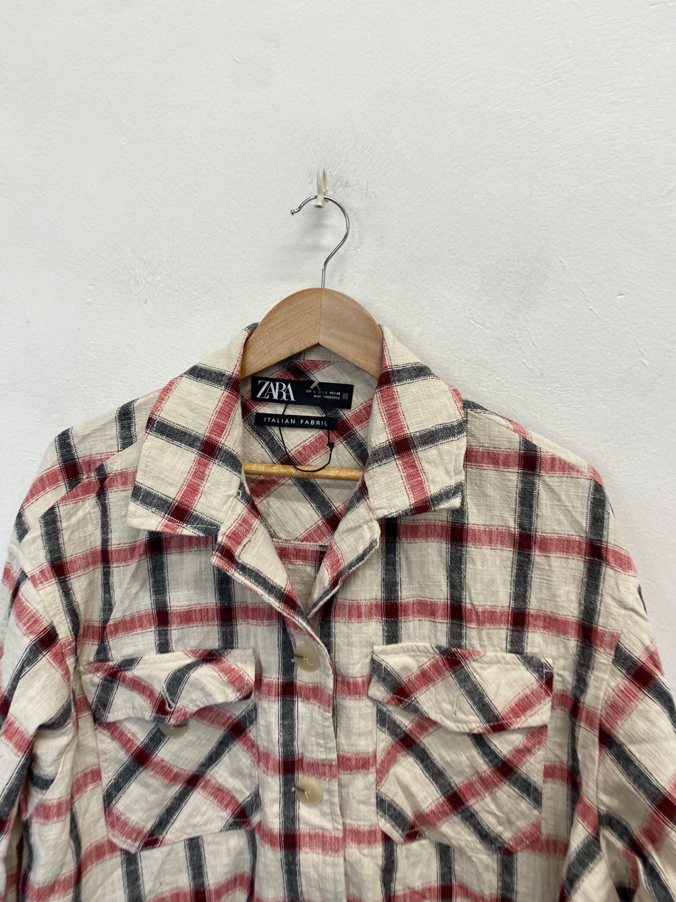 Fabulous Zara cotton Shirt UK 12 Beige red checked CM571