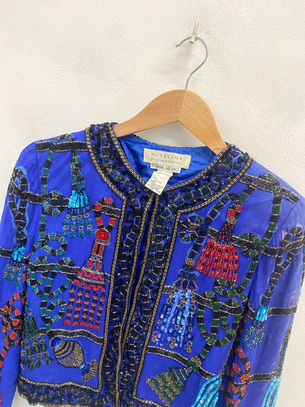 Fabulous Niteline della roufogali Jacket UK S Blue beaded silk AT577