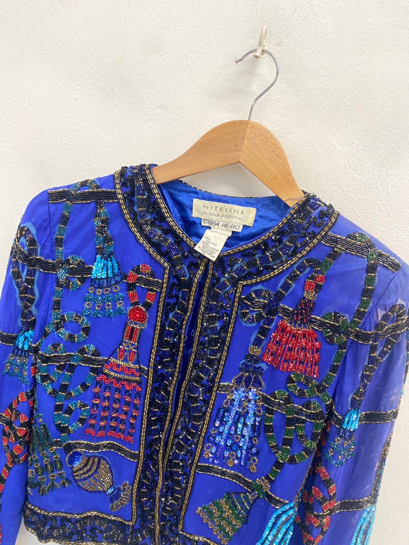 Fabulous Niteline della roufogali Jacket UK S Blue beaded silk AT577