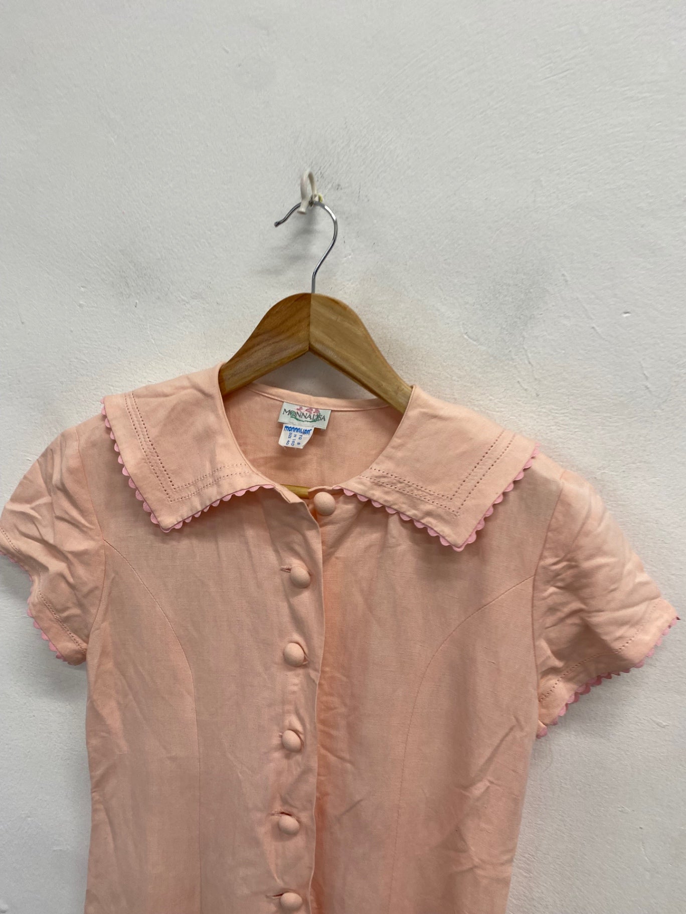 Fabulous Monnalisa Midi Dress UK 12 Baby pink linen collar AT577