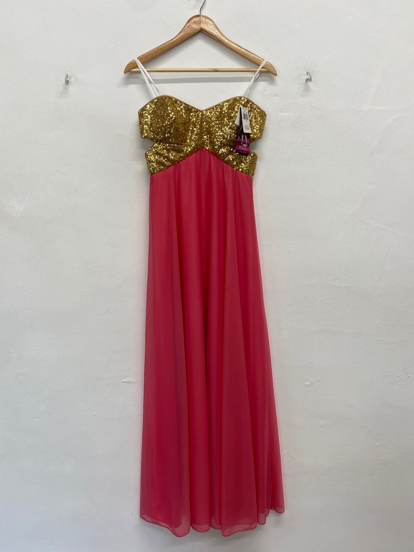 Fabulous Blondie Nites prom Maxi Dress UK 8-10 Pink and Gold KL579