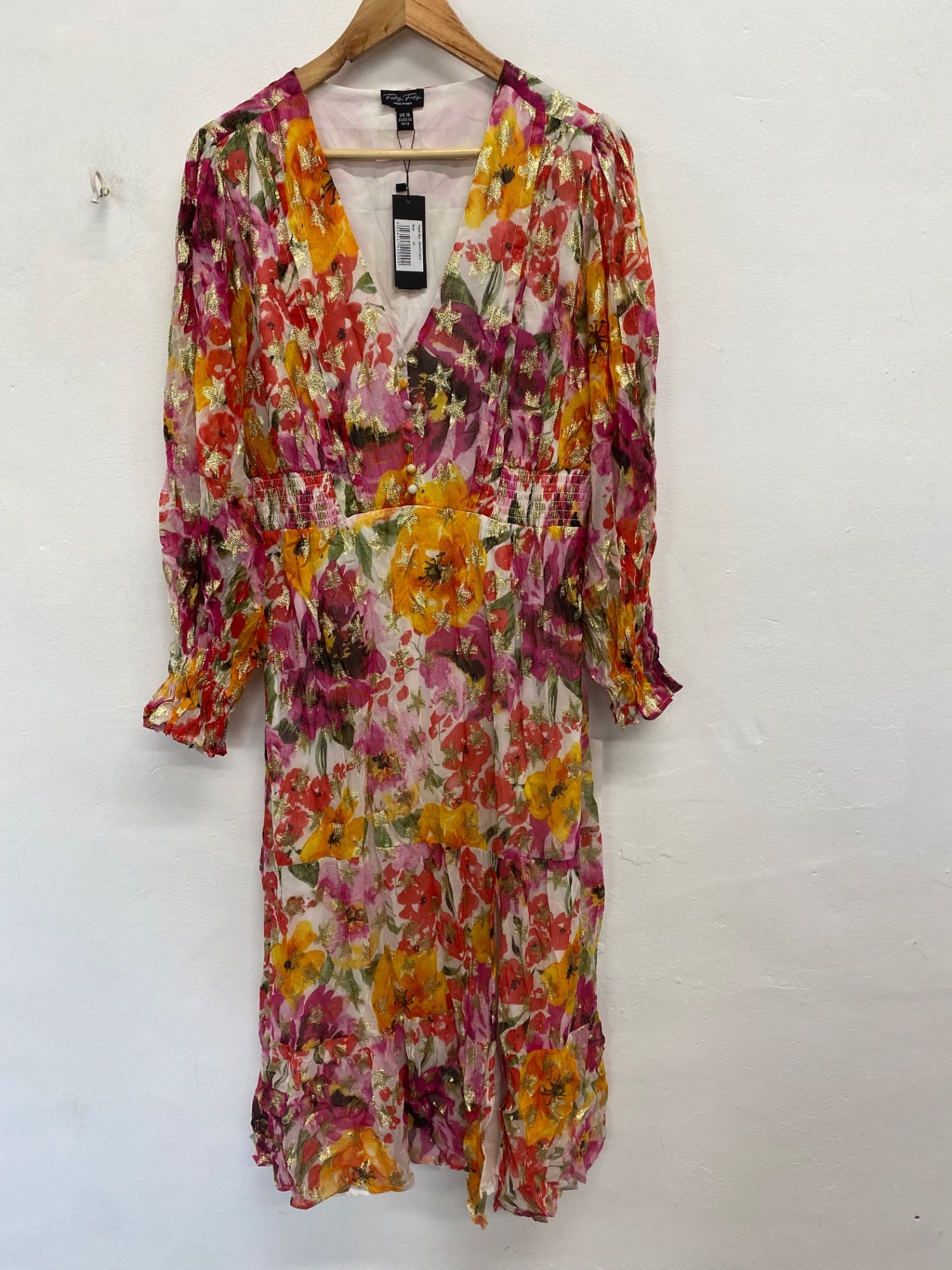 Fabulous Finding friday Midaxi Dress UK 16 Pink gold floral new KL579