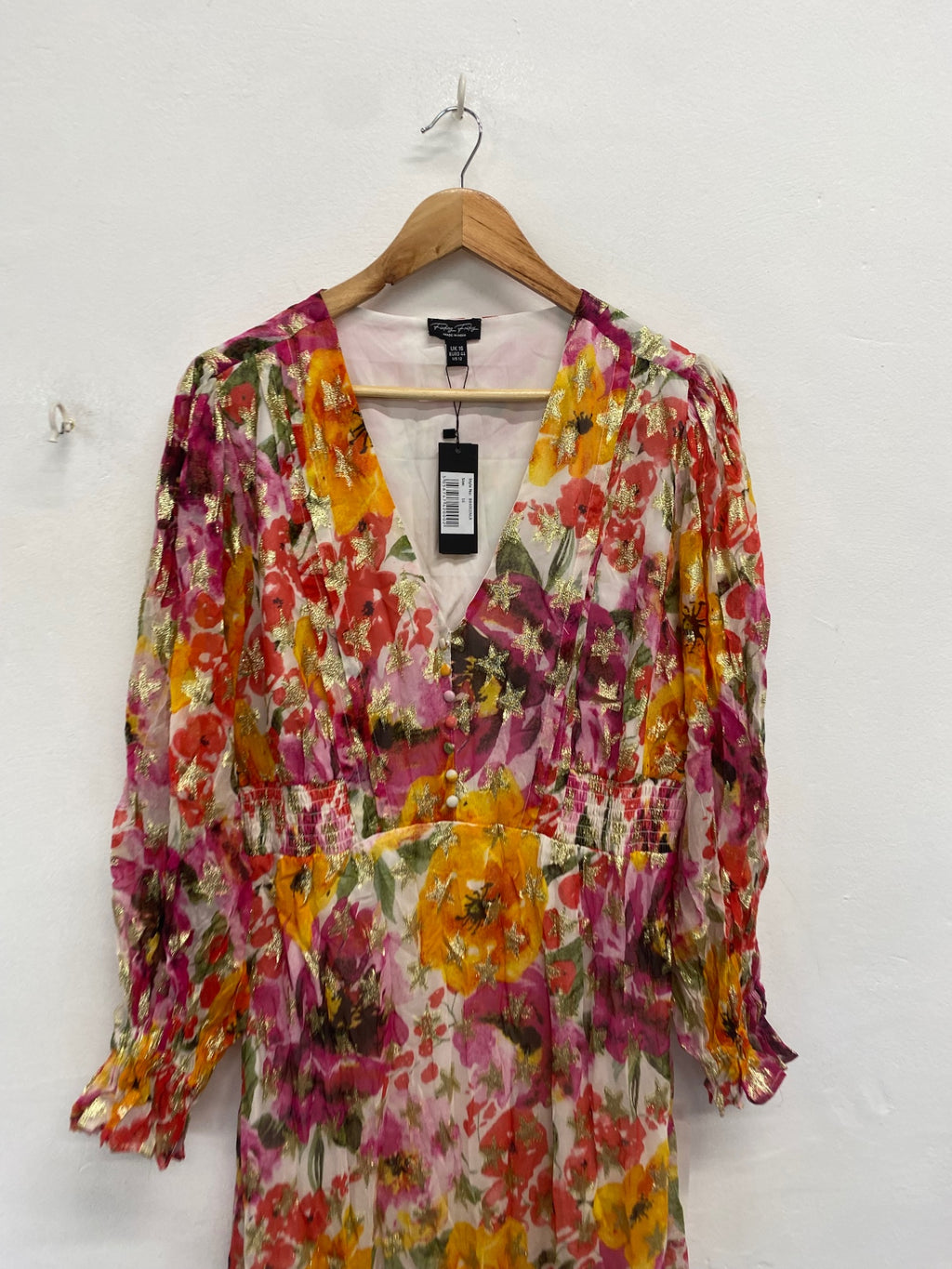 Fabulous Finding friday Midaxi Dress UK 16 Pink gold floral new KL579
