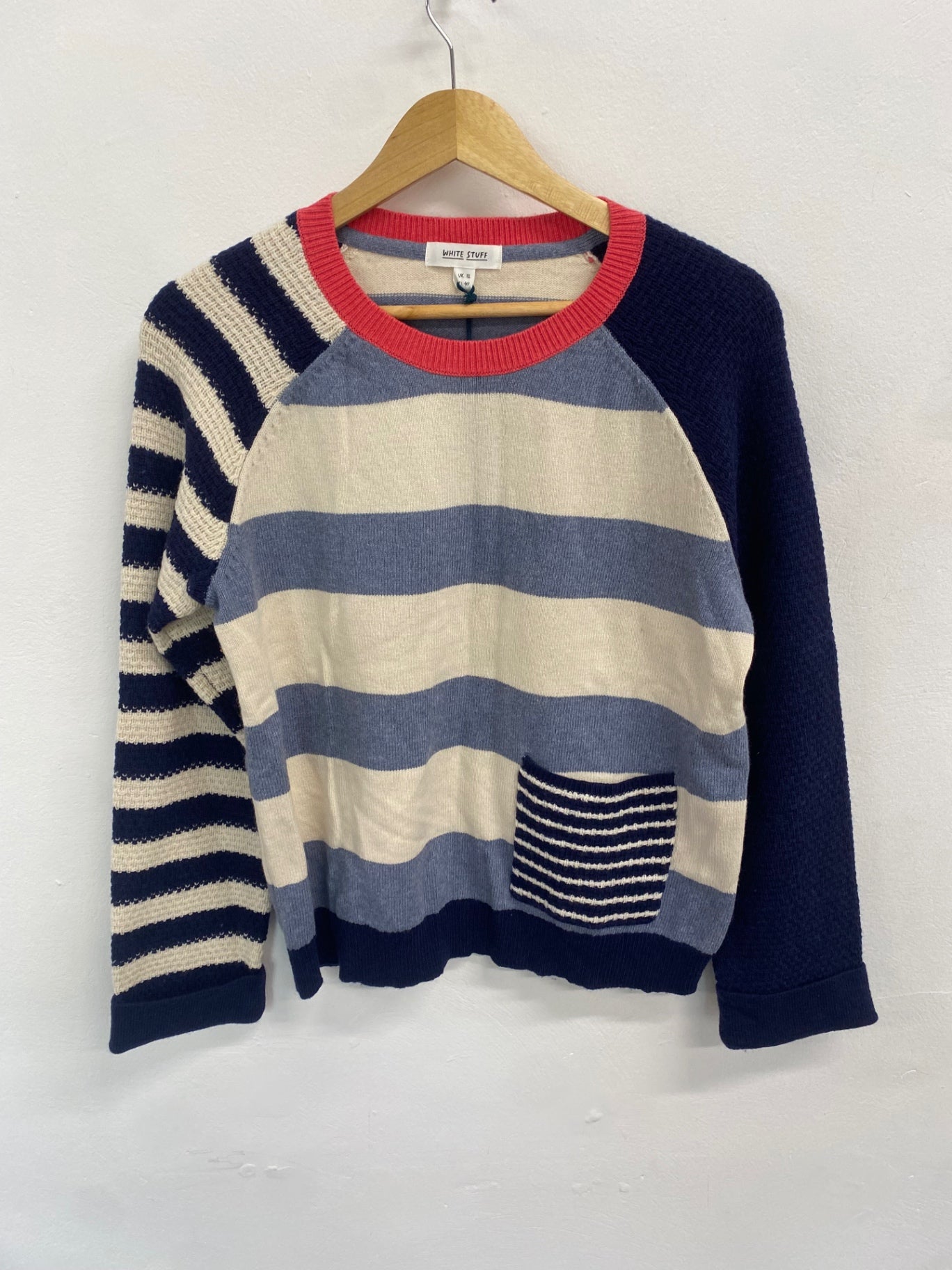 Fabulous WHITE STUFF Tyne stripe Sweater UK12 Beige, navy, red, and light blue beach cottagecore JG589