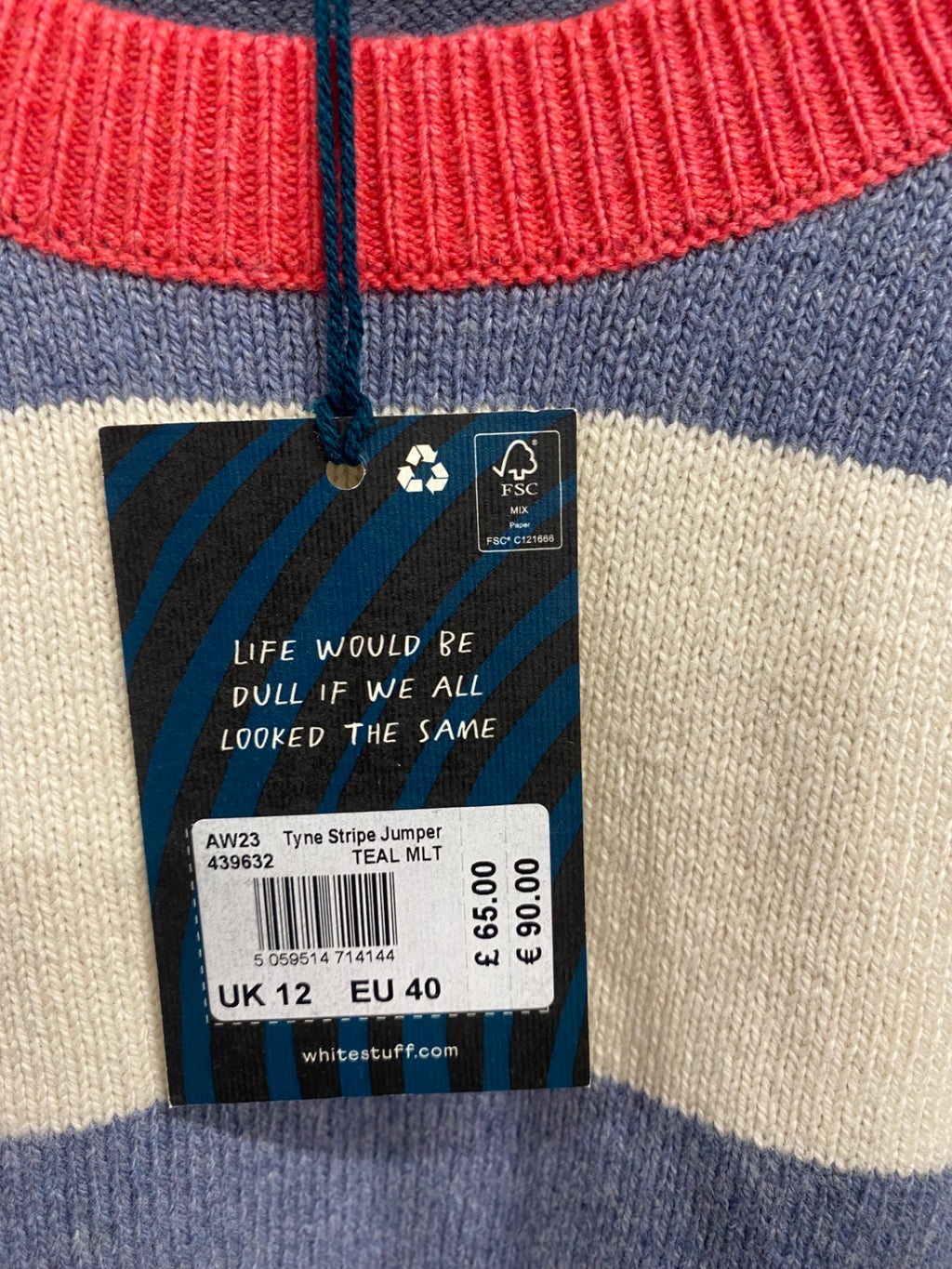 Fabulous WHITE STUFF Tyne stripe Sweater UK12 Beige, navy, red, and light blue beach cottagecore JG589