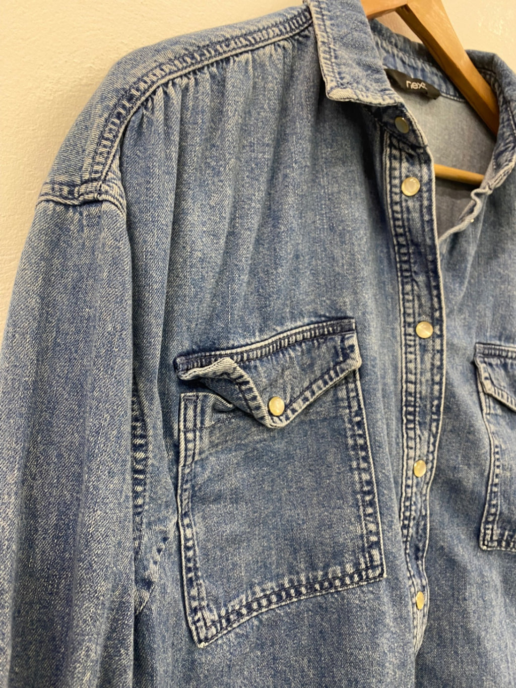 Fabulous Next Denim Shirt M Blue western pearl snap buttons cowboy CH600