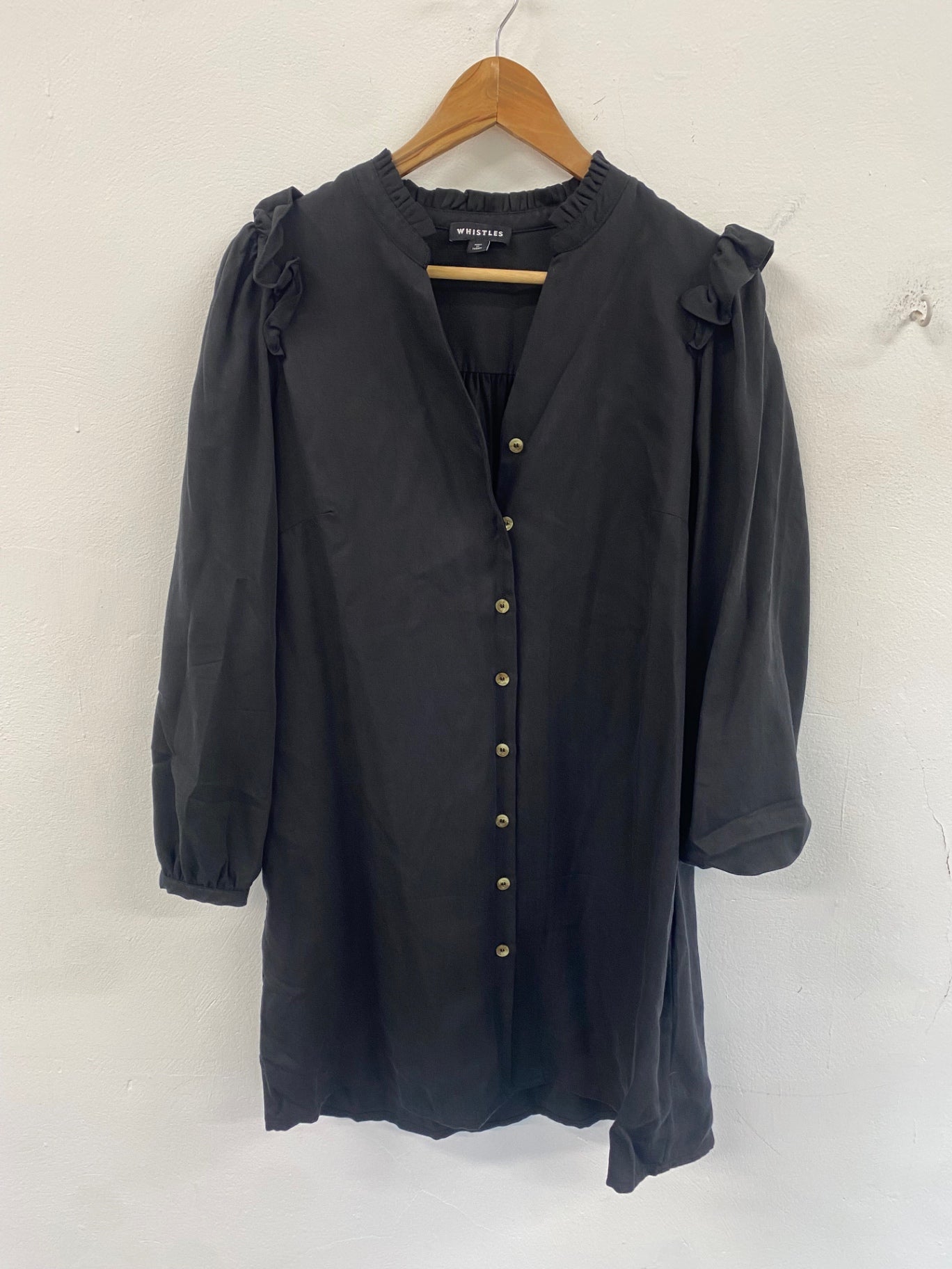 Fabulous WHISTLES ruffles Dress UK12 Black cottagecore Mediterranean CH660