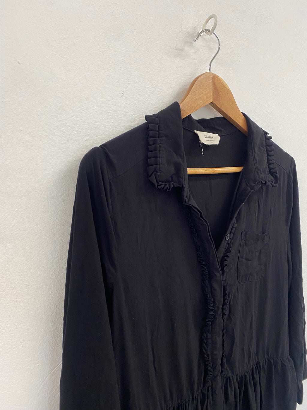 Gorgeous Hush ruffled shirt dress black UK10 soft summer Mediterranean chic CH600