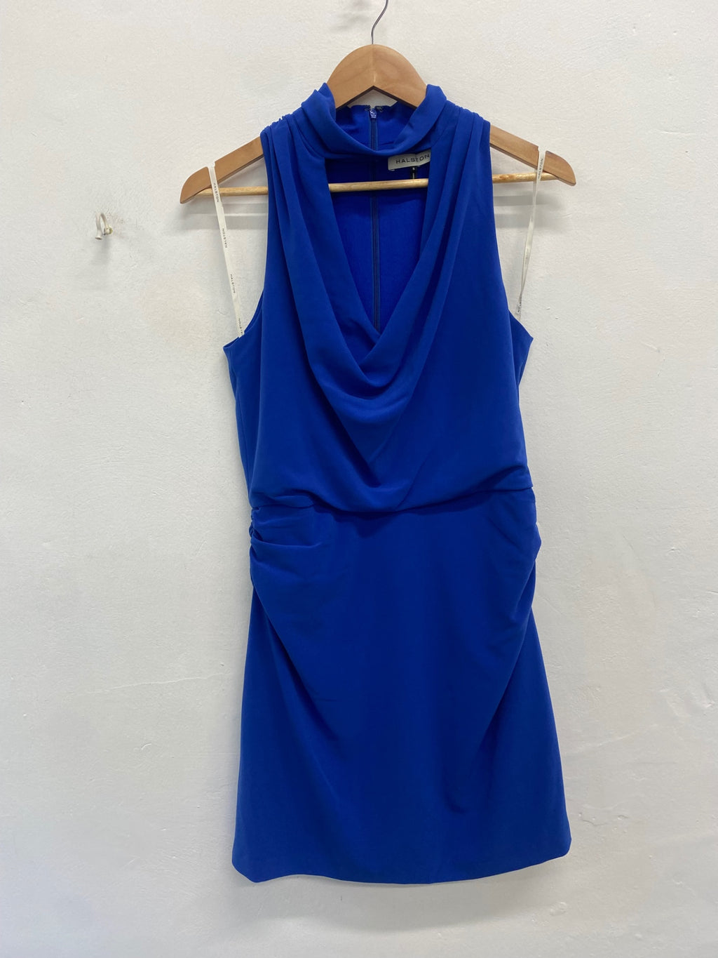 Fabulous Halston crepe cut out mini Dress Uk8 cobalt blue party JW603