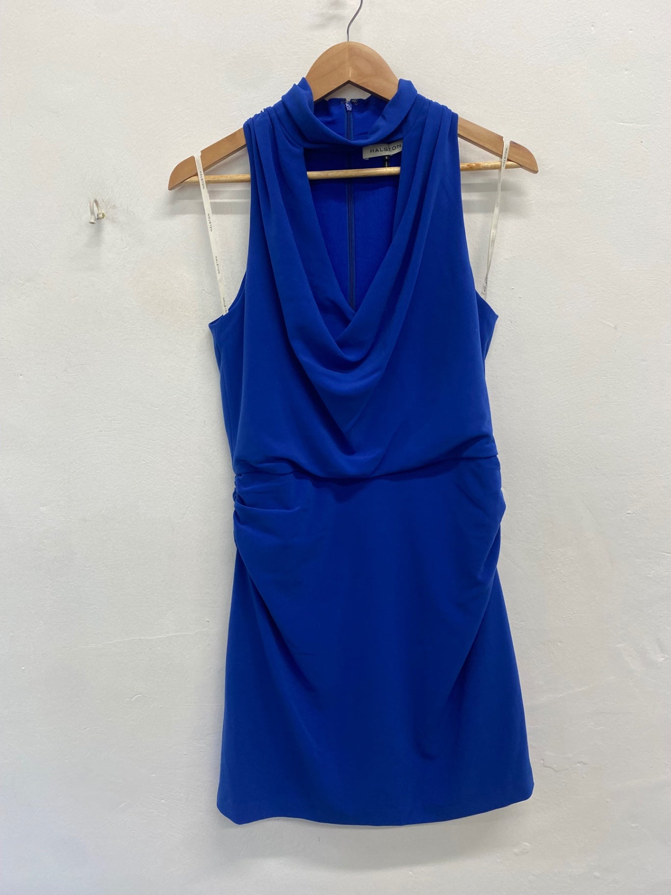 Fabulous Halston crepe cut out mini Dress Uk8 cobalt blue party JW603