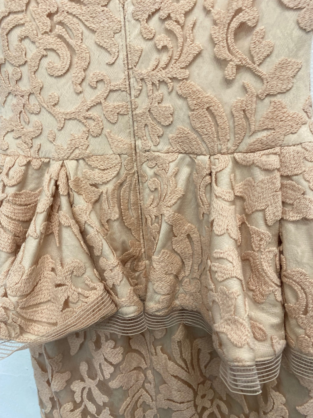 Fabulous Tadashi Shoji stunning fitted evening Dress uk4-6 Beige Overlay JW603