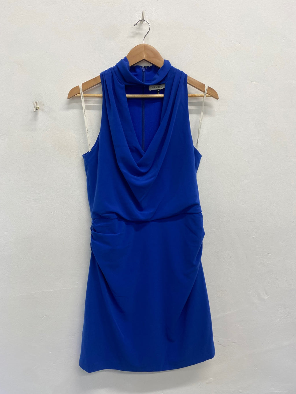 Fabulous Halston crepe cut out mini Dress Uk8 cobalt blue party JW603