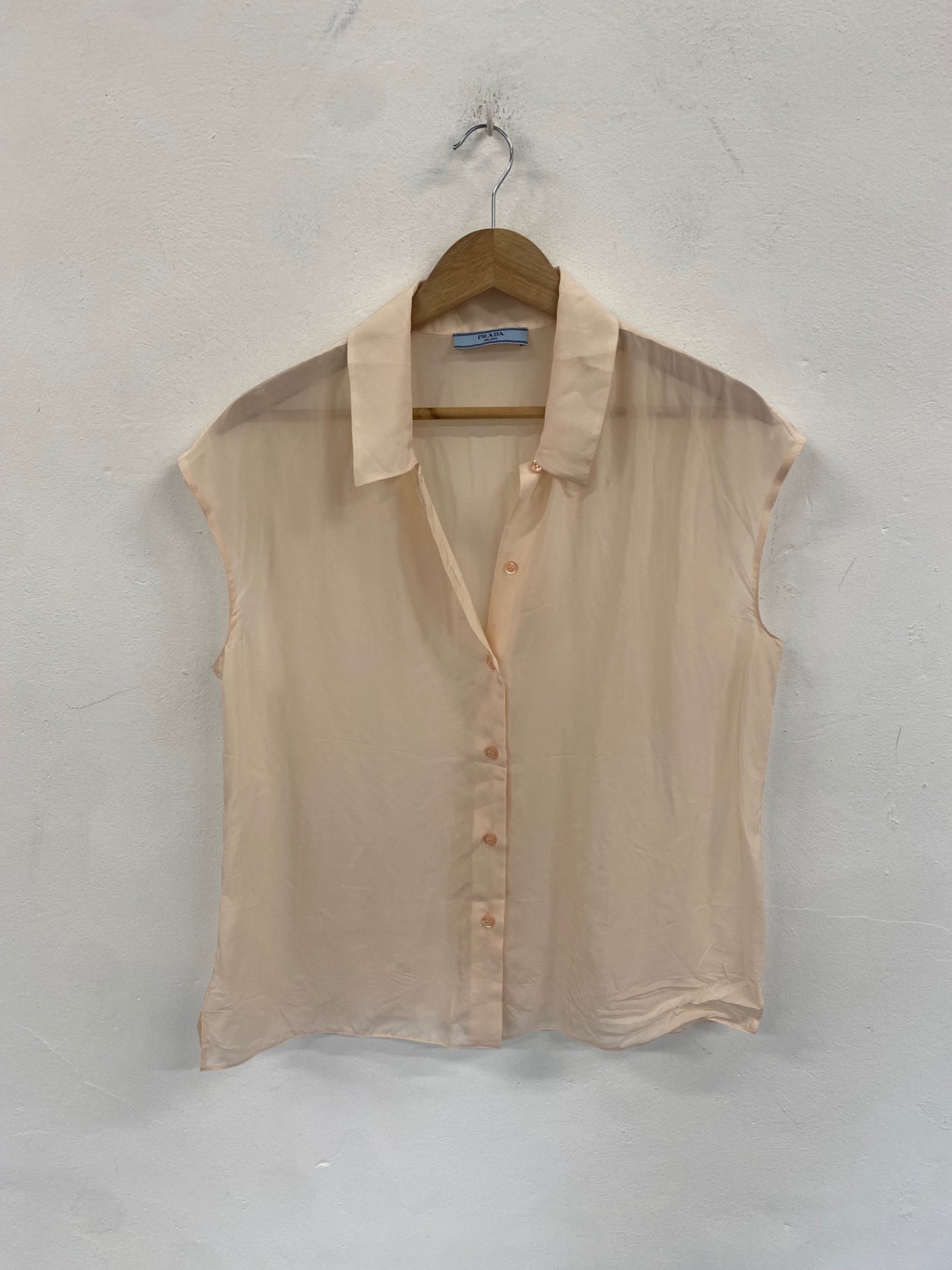 Fabulous PRADA Blouse IT44 UK12 Beige Peach satin semi sheer 