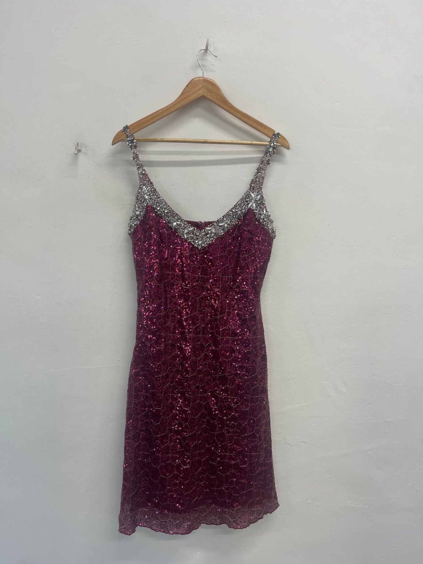 Fabulous Vintage Y2K heavily embellished Official Dress Uk14 Pink & silver KW605