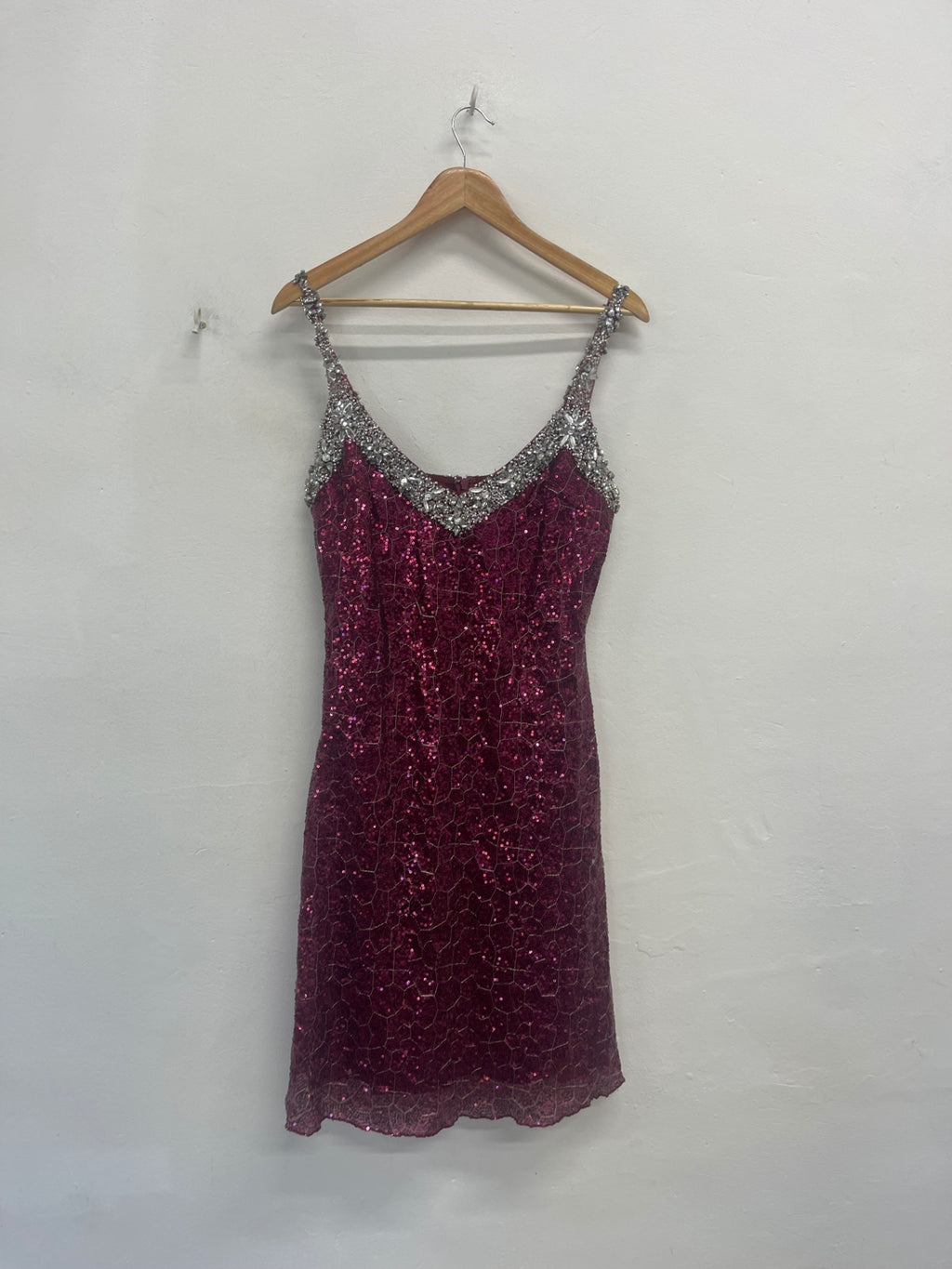 Fabulous Vintage Y2K heavily embellished Official Dress Uk14 Pink & silver KW605