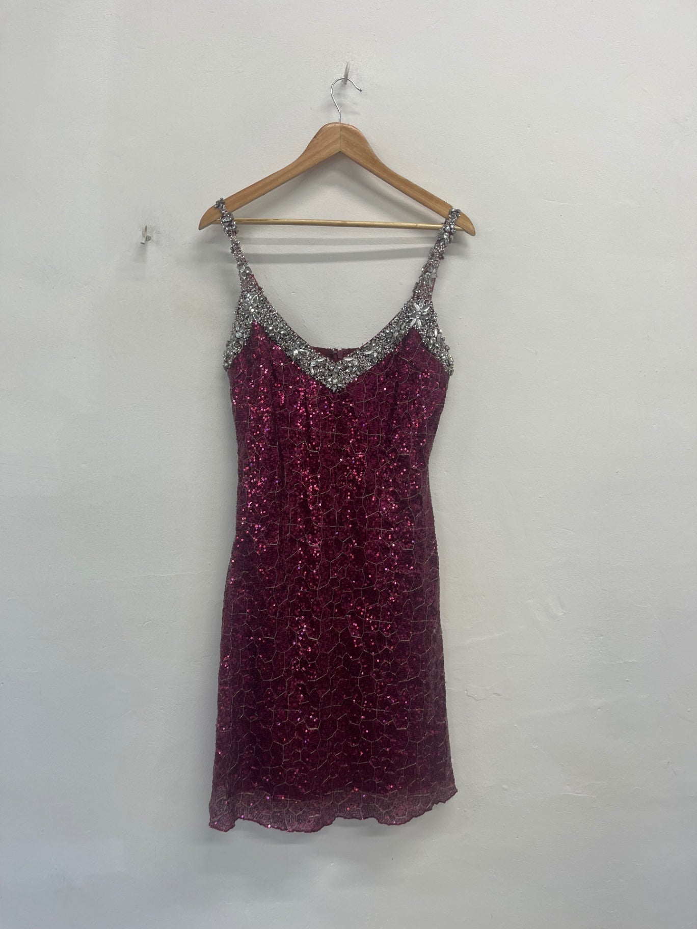 Fabulous Vintage Y2K heavily embellished Official Dress Uk14 Pink & silver KW605