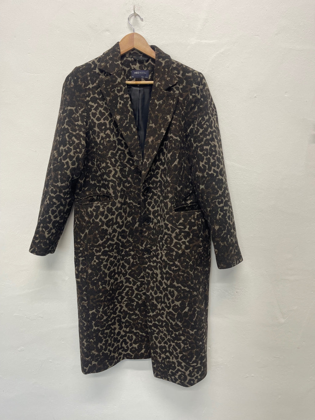 Fabulous Marks & Spencer wool blend leopard Overcoat UK12 Black & brown KB606