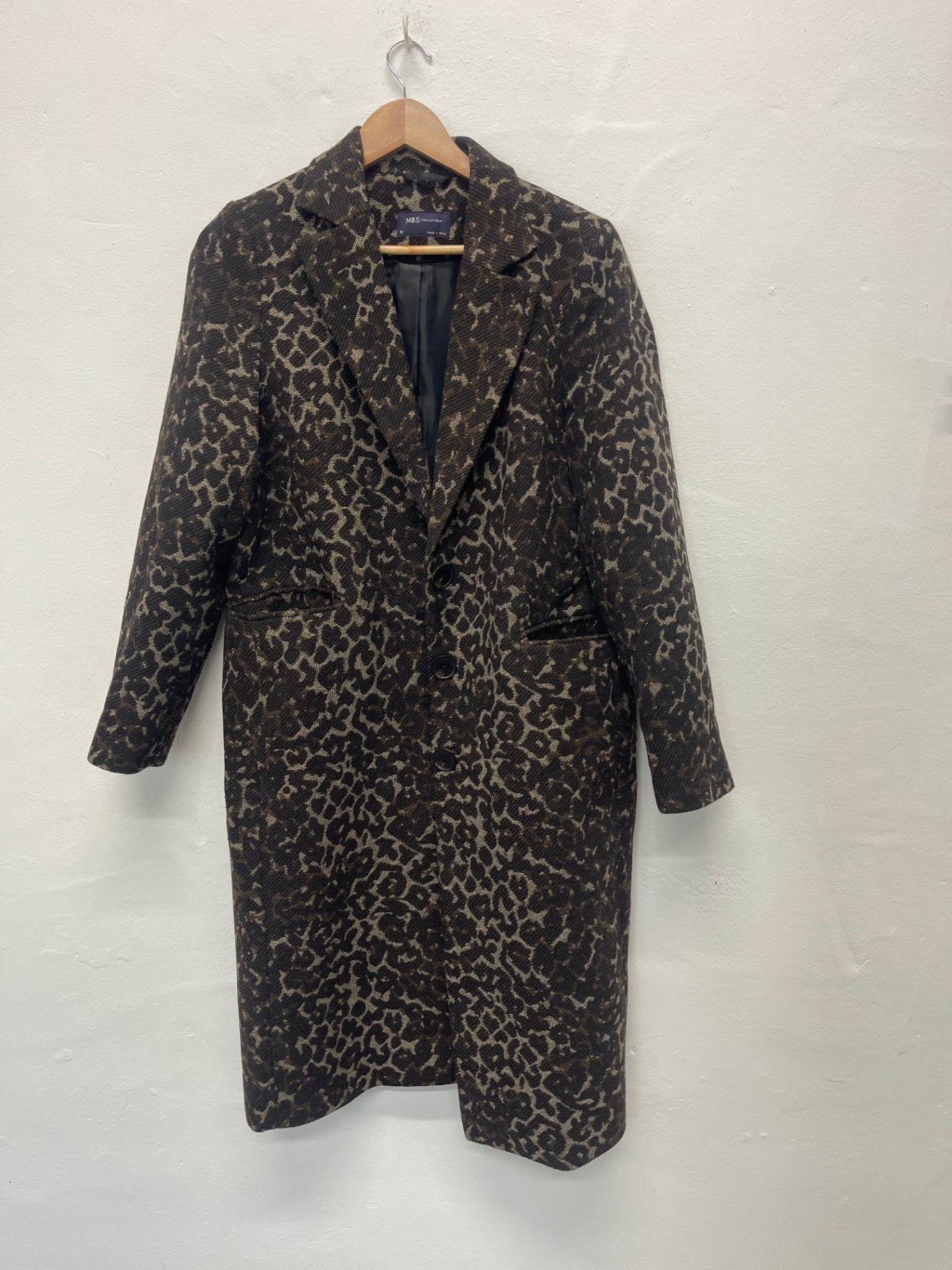 Fabulous Marks & Spencer wool blend leopard Overcoat UK12 Black & brown KB606