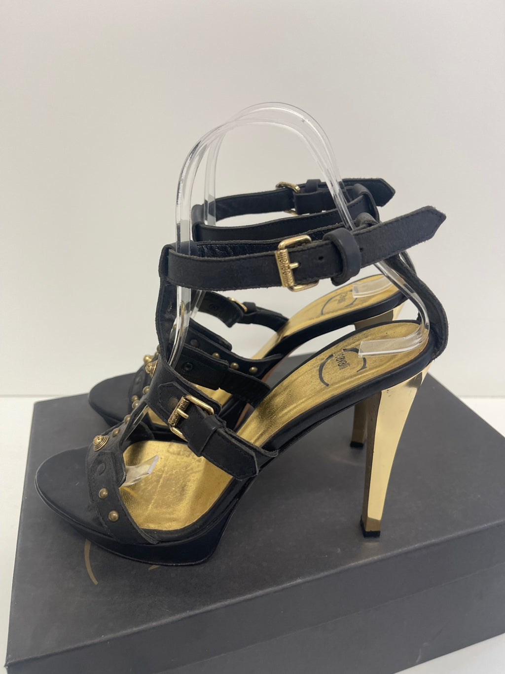 Fabulous Just Cavalli Y2K gladiator heeled Sandals UK4 Black & Gold KW605