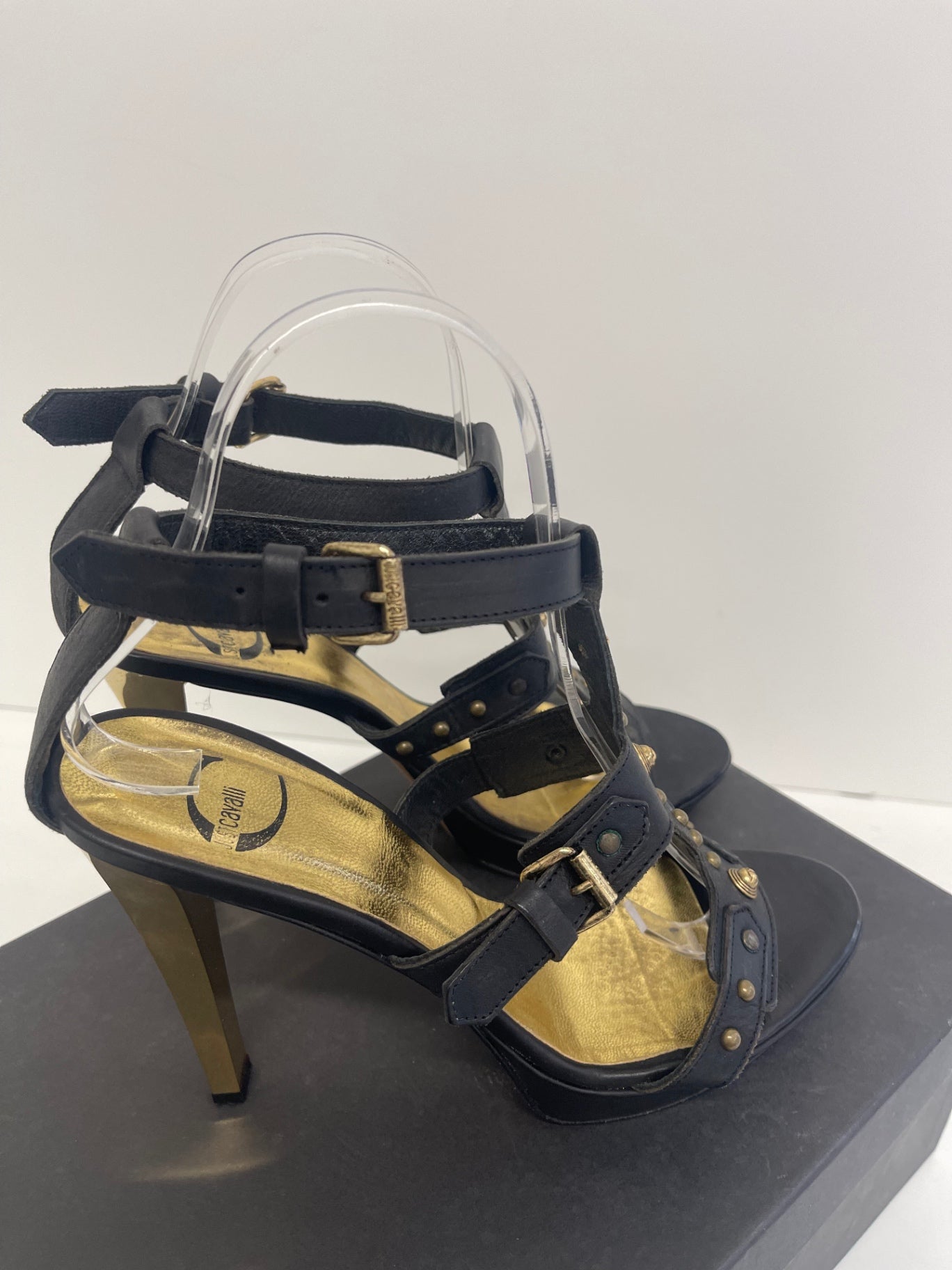 Fabulous Just Cavalli Y2K gladiator heeled Sandals UK4 Black & Gold KW605