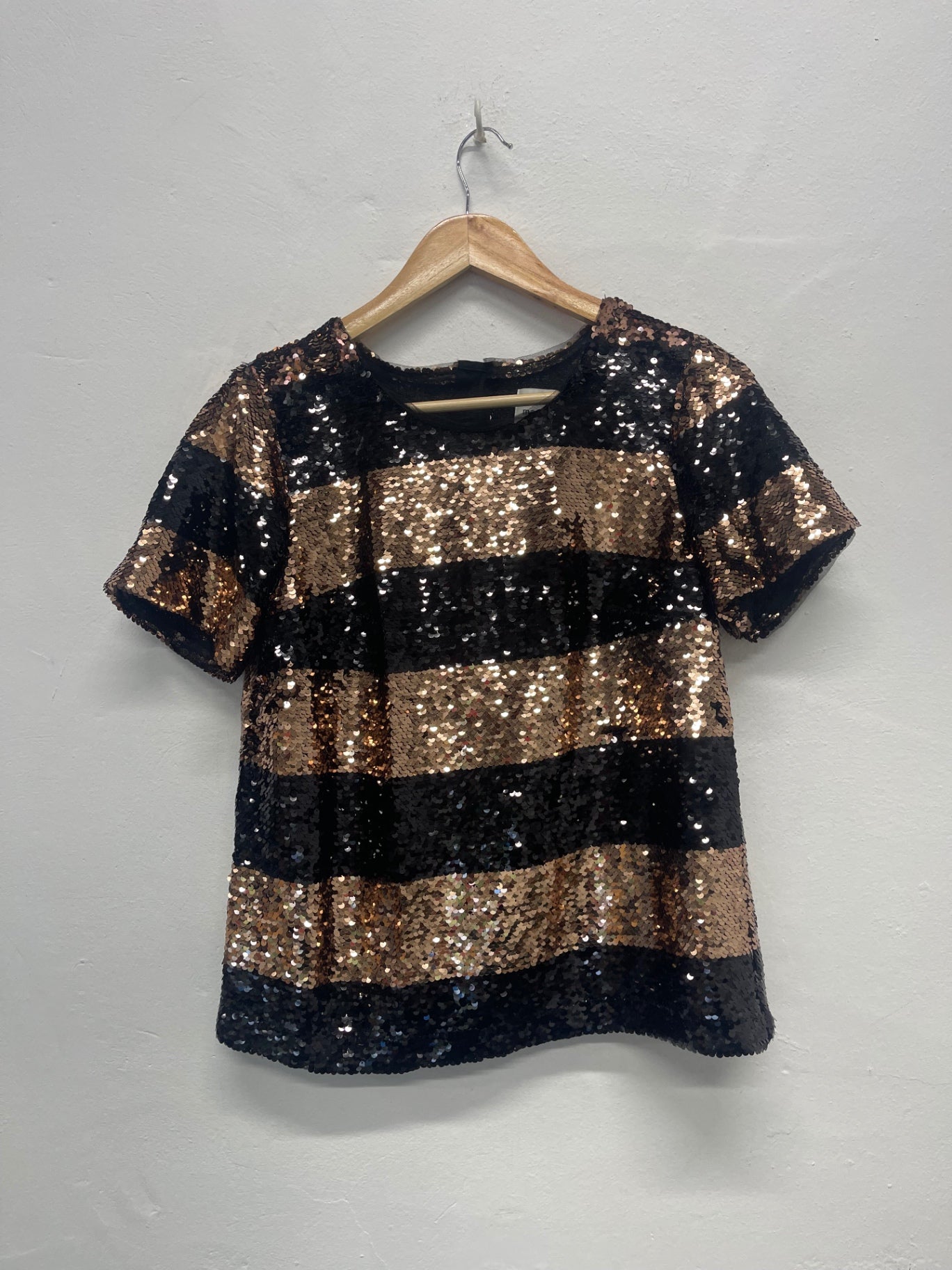 Fabulous Maeve Anthropologie sequin party Top UK XS BlackRose Gold FK608