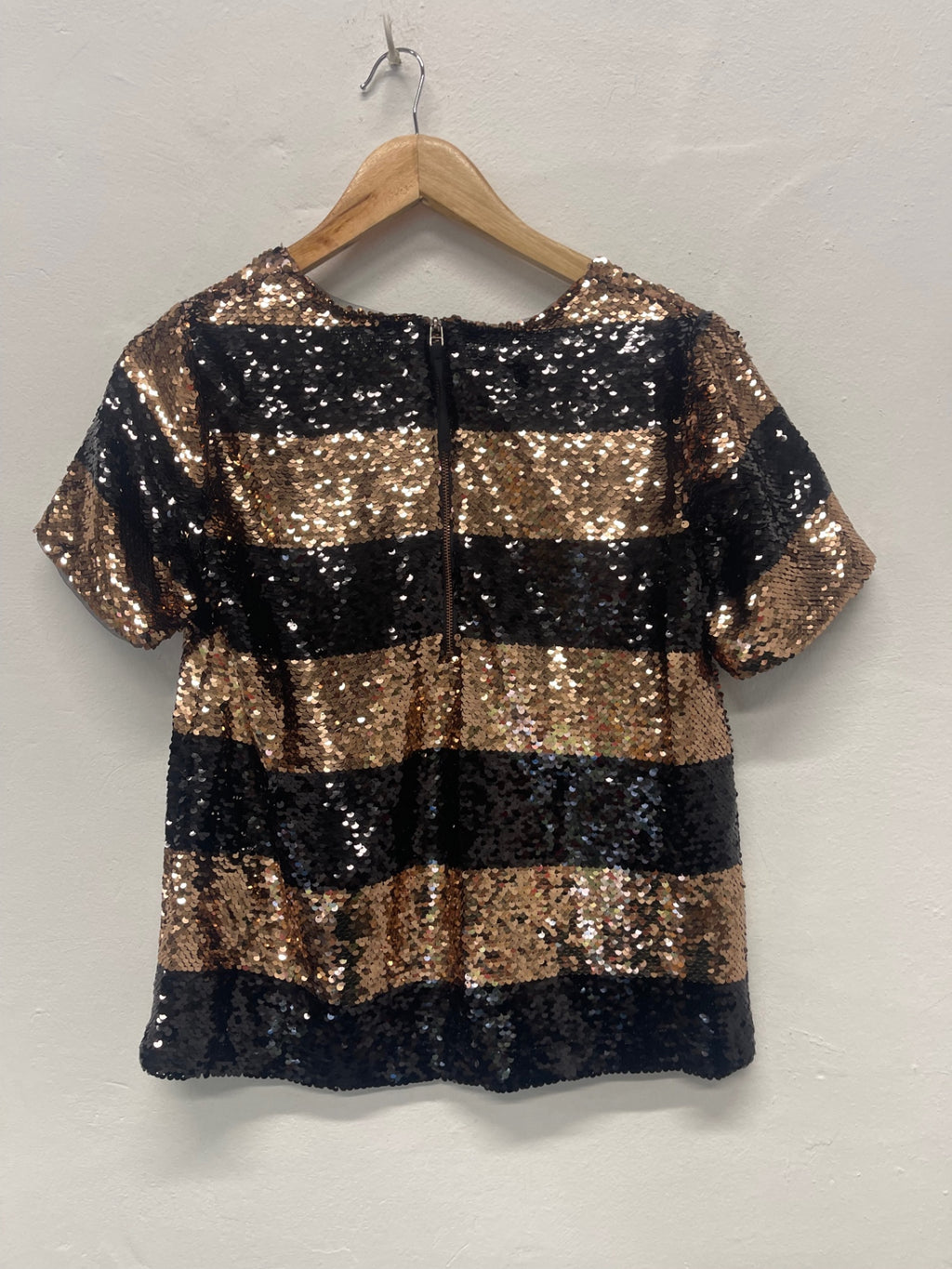 Fabulous Maeve Anthropologie sequin party Top UK XS BlackRose Gold FK608