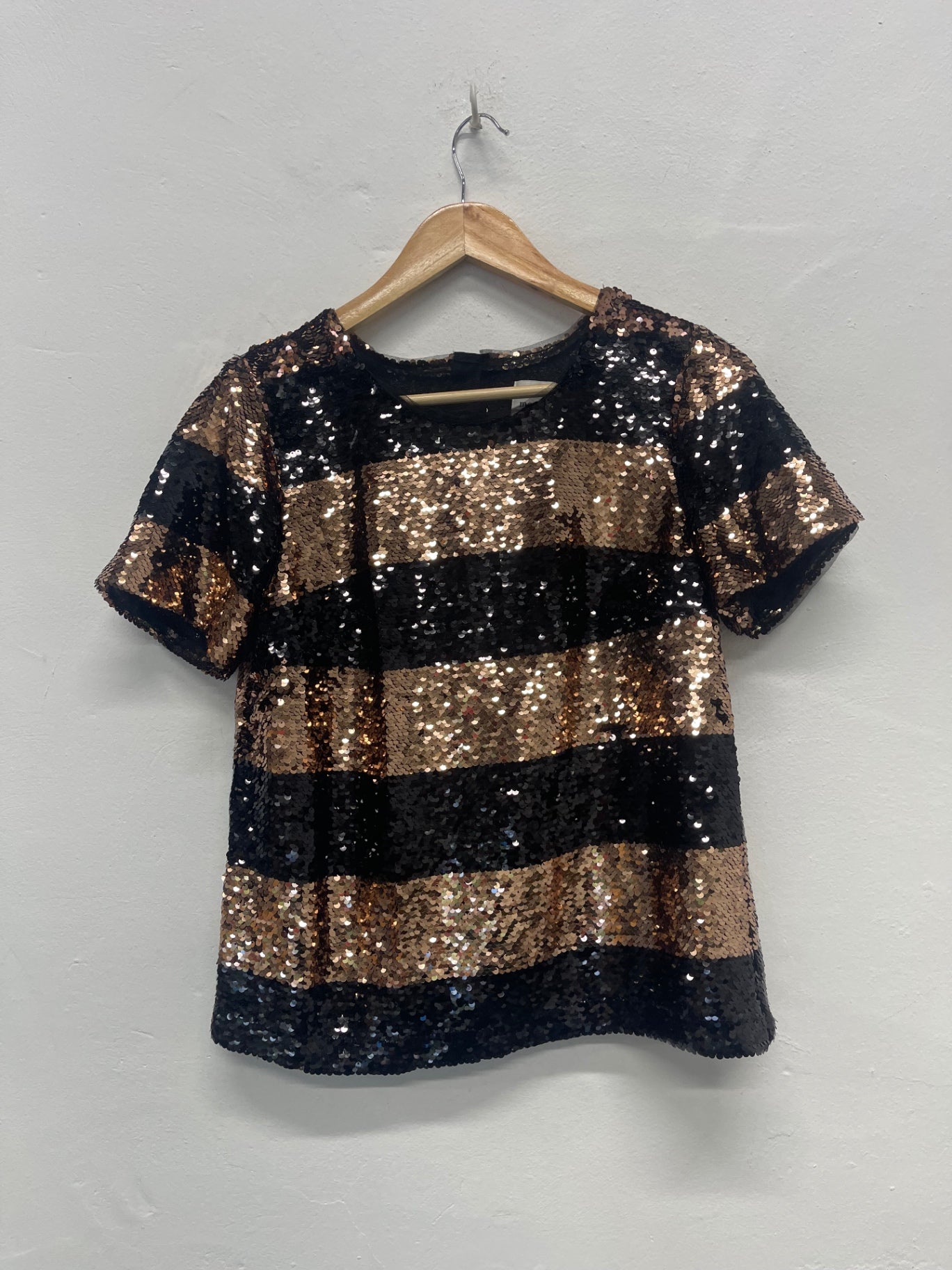 Fabulous Maeve Anthropologie sequin party Top UK XS BlackRose Gold FK608
