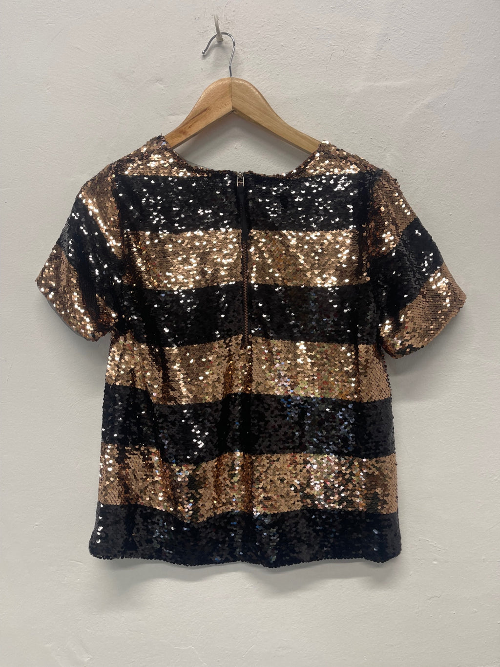Fabulous Maeve Anthropologie sequin party Top UK XS BlackRose Gold FK608