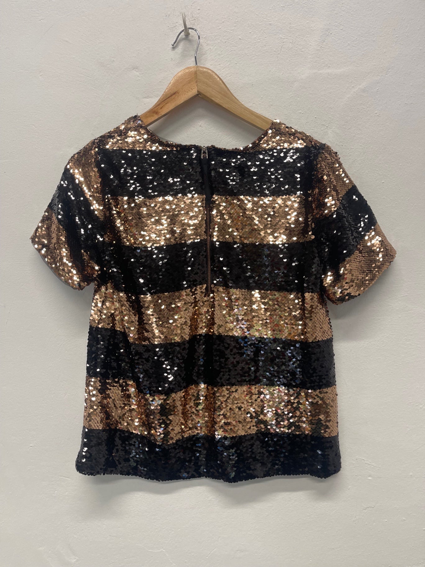Fabulous Maeve Anthropologie sequin party Top UK XS BlackRose Gold FK608