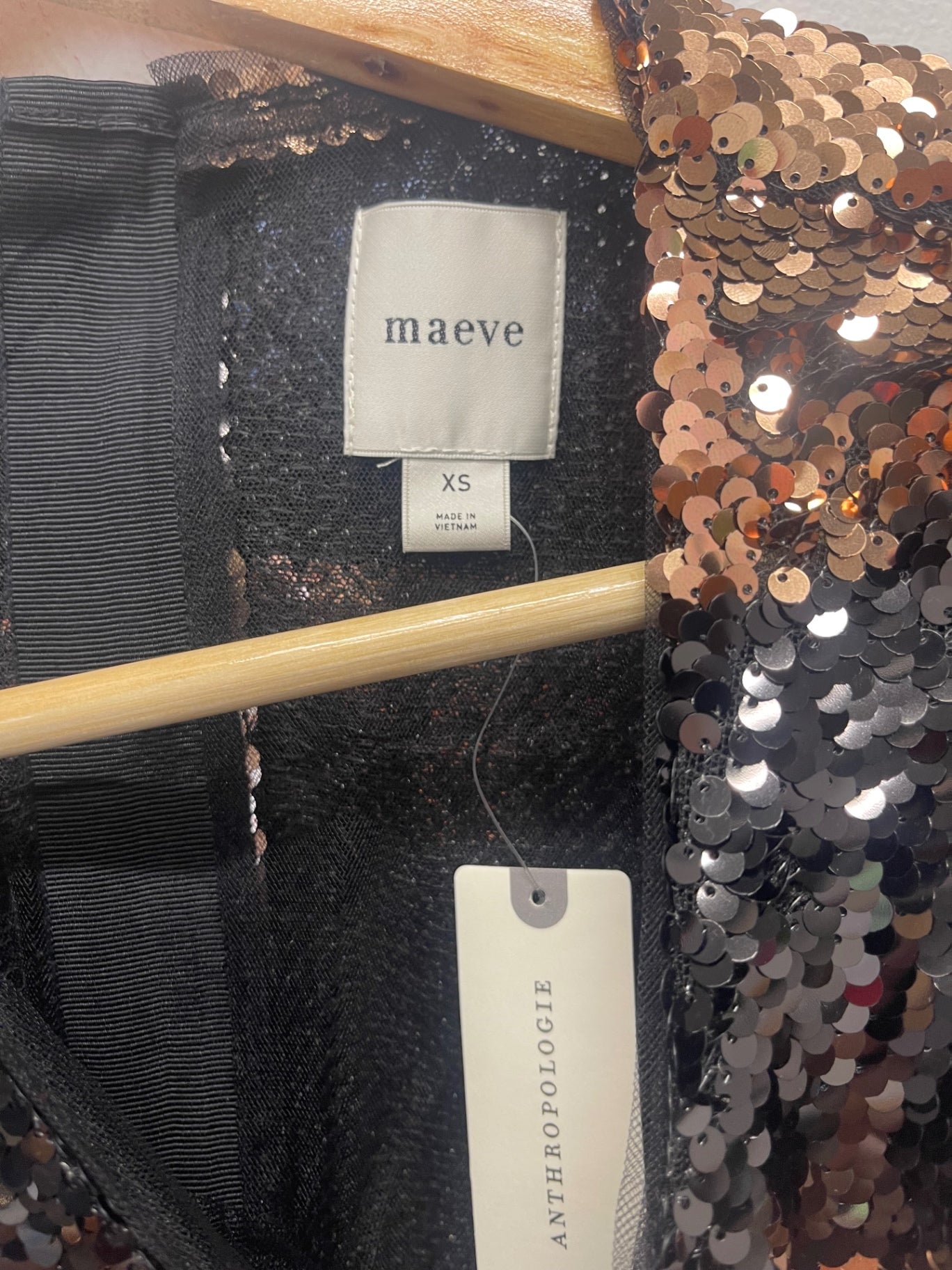 Fabulous Maeve Anthropologie sequin party Top UK XS BlackRose Gold FK608