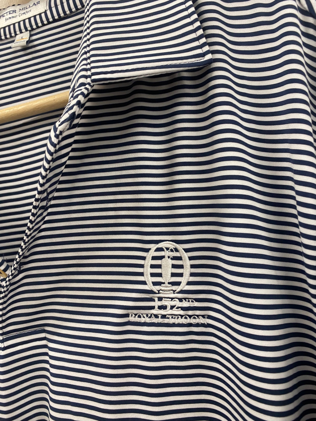Fabulous Peter Millar Polo Shirt Royal Troon 152nd Open L Navy and white ES609