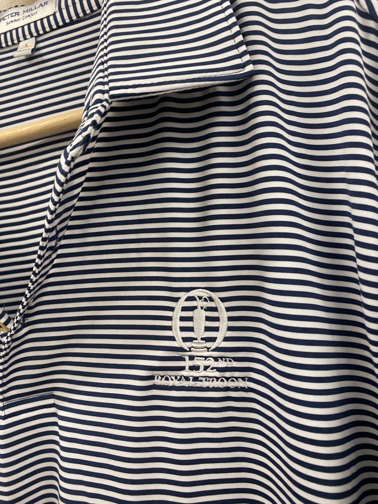Fabulous Peter Millar Polo Shirt Royal Troon 152nd Open L Navy and white ES609